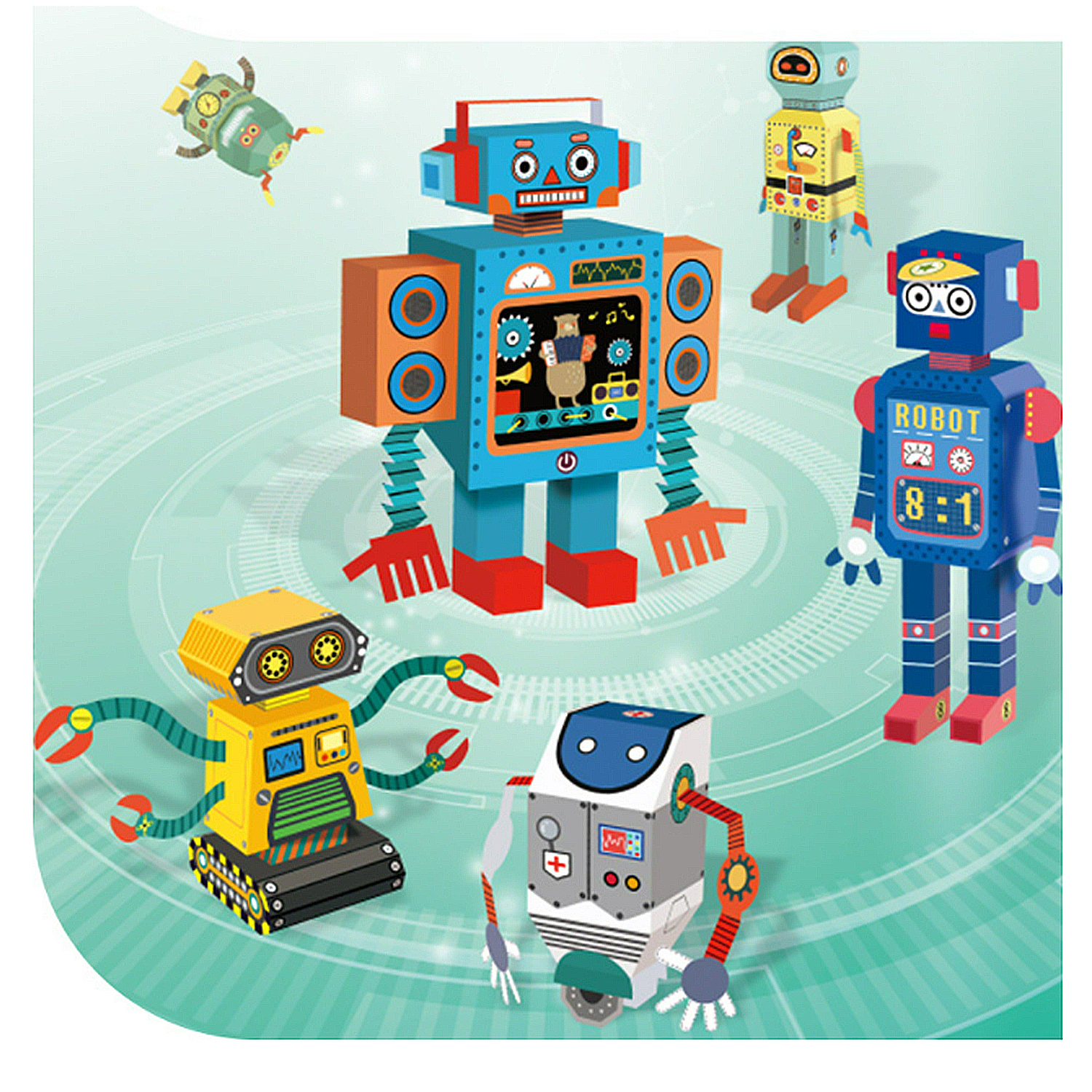Modelli di robot colorati con vari design. I robot sono di diversi colori e forme, su sfondo chiaro.