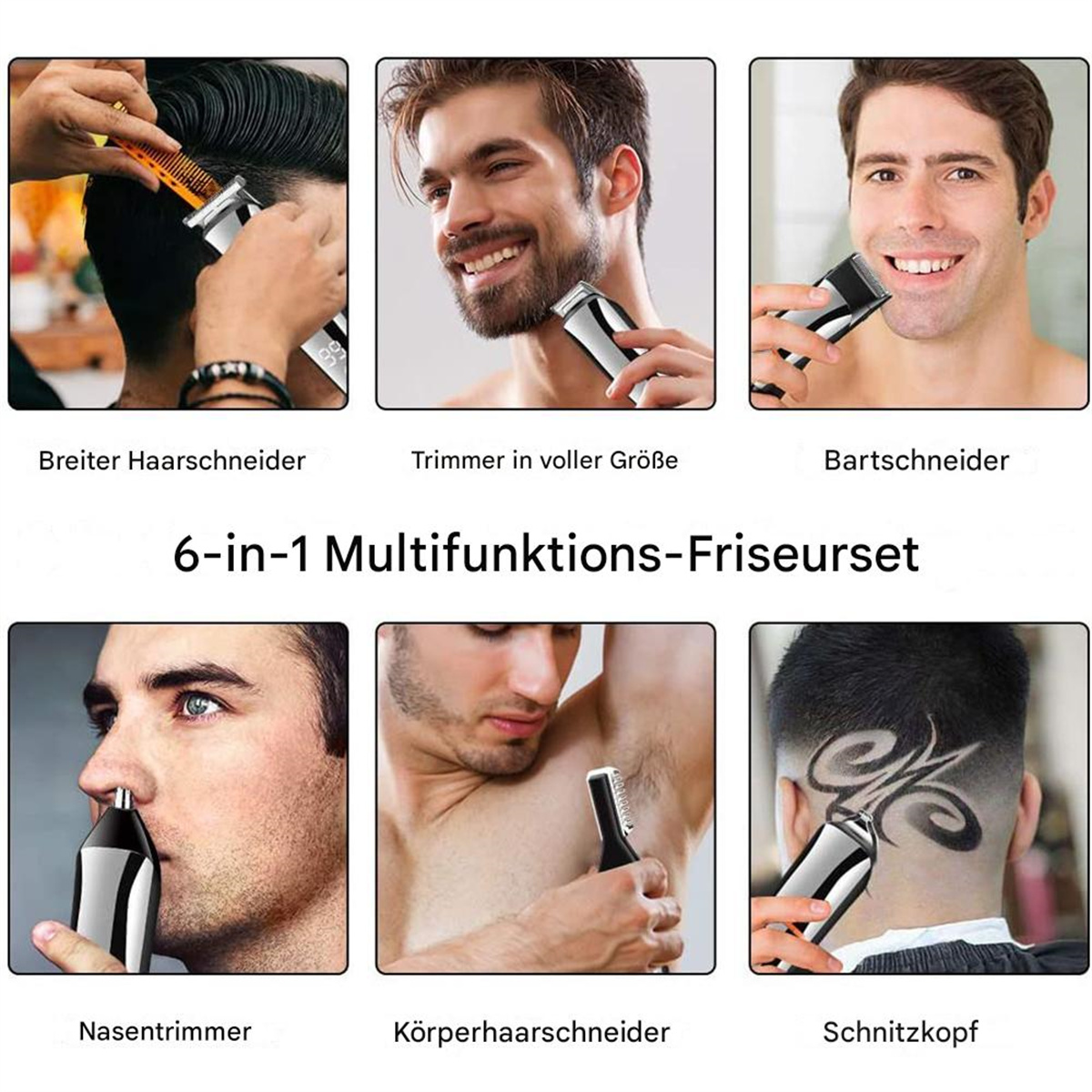 Sechs Bilder zeigen Männer, die ihre Gesichtsbehaarung und Haare mit Pflegeprodukten pflegen.