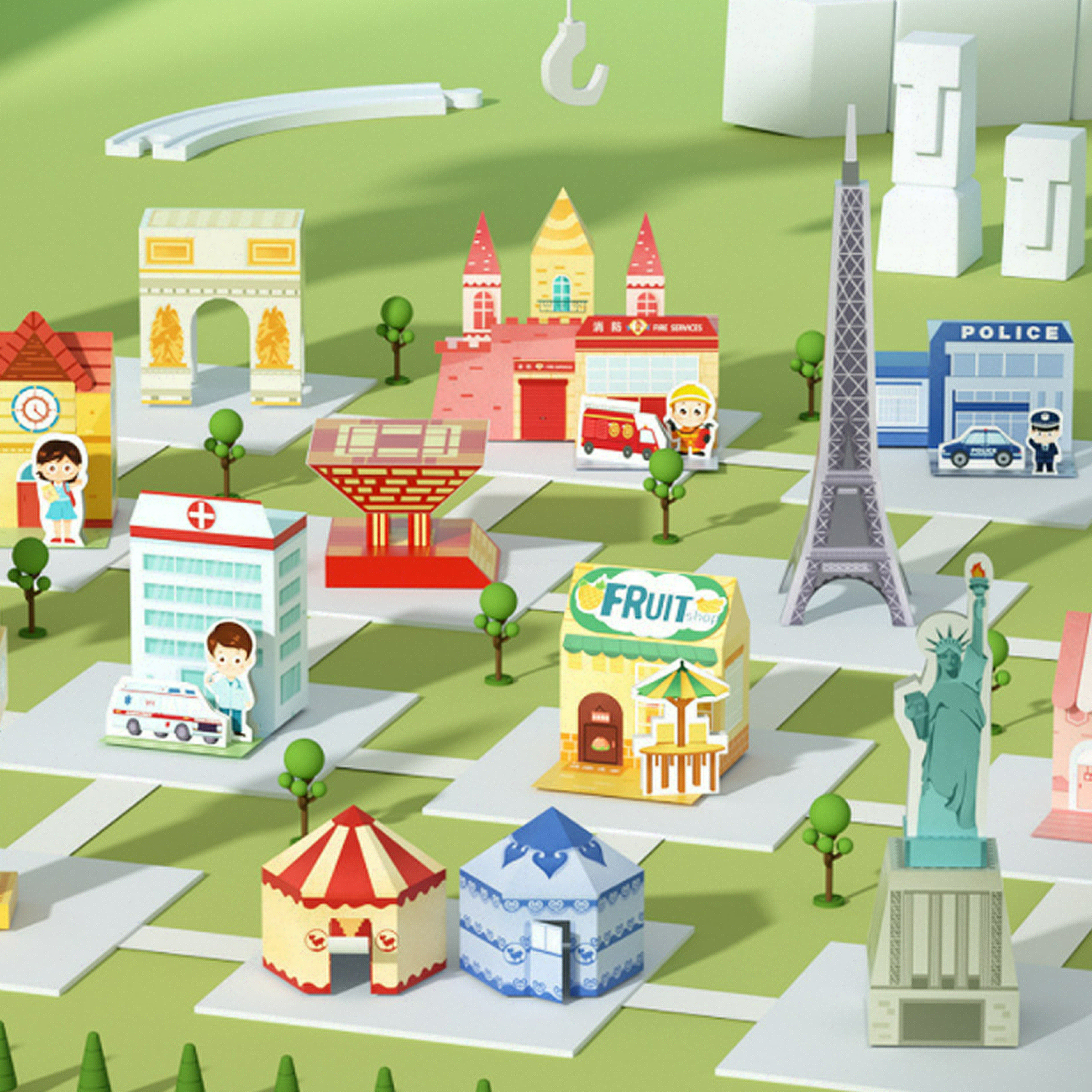 Ciudad en miniatura con monumentos como la Torre Eiffel, el Arco del Triunfo y la Estatua de la Libertad. Suelo verde.