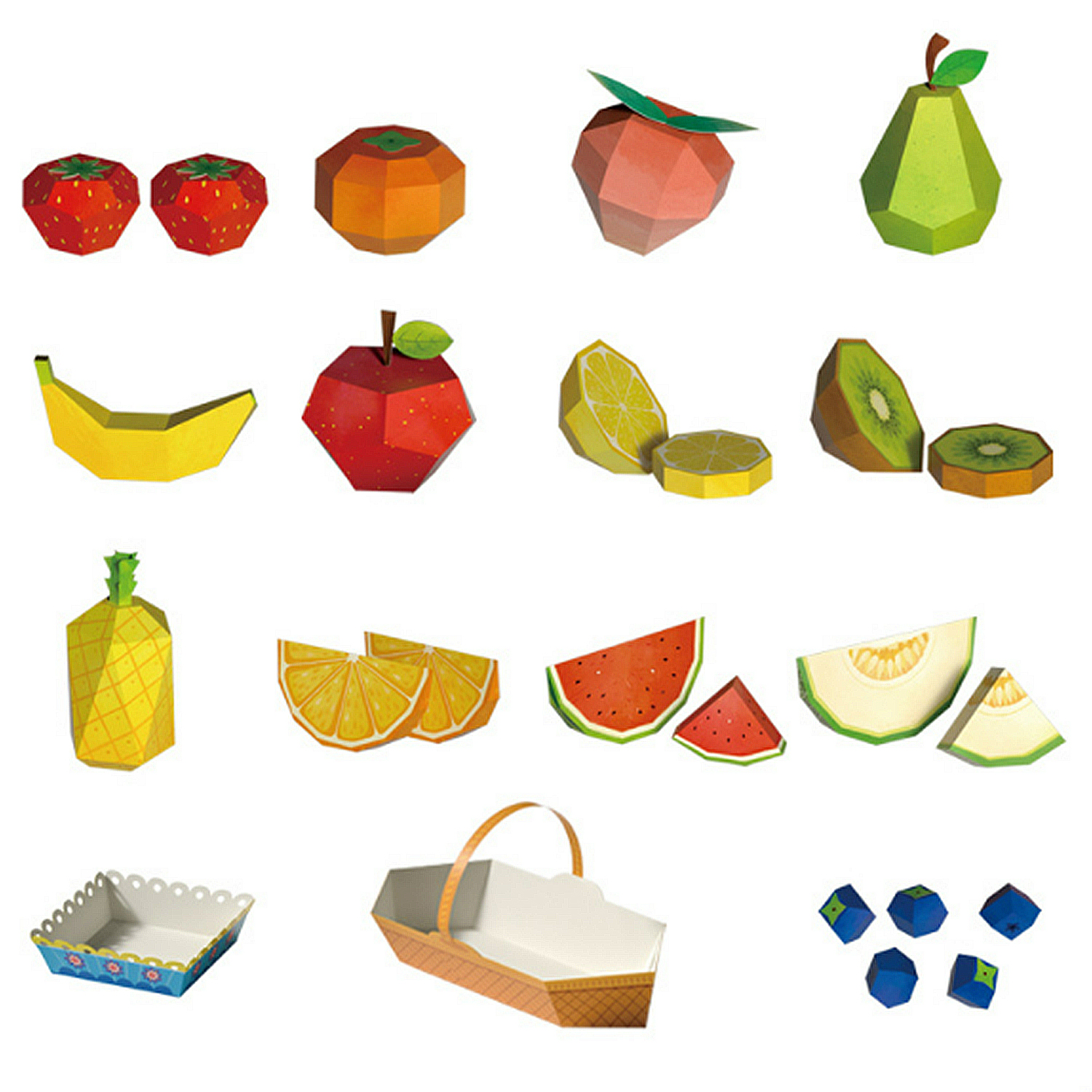 Frutta origami: fragole, arancia, pesca, pera, banana, mela, limone, kiwi.