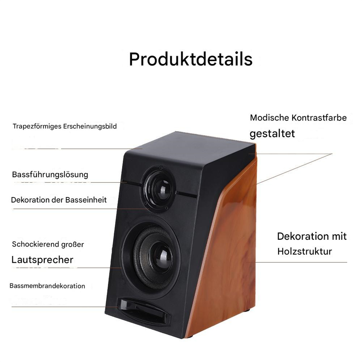 Ein Lautsprecher mit Holzstruktur und schwarzer Oberseite, mit Etiketten, die auf Produktdetails zeigen.