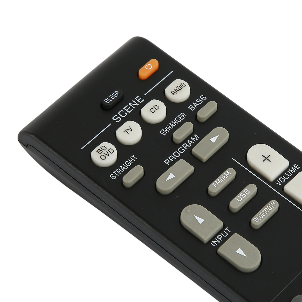 Schwarze Fernbedienung. Tasten für Sleep, Szene, CD, Lautstärke und mehr. Zeigt Bluetooth und USB.