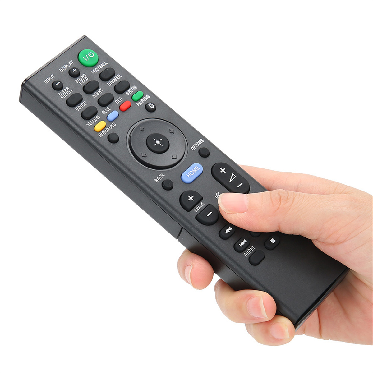 Eine Hand hält eine schwarze TV-Fernbedienung mit verschiedenen Tasten.