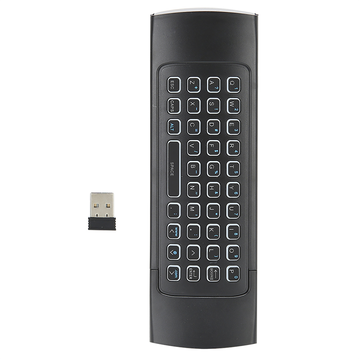 Eine schwarze Fernbedienung mit Tastaturlayout und einem USB-Dongle, alles vor weißem Hintergrund.
