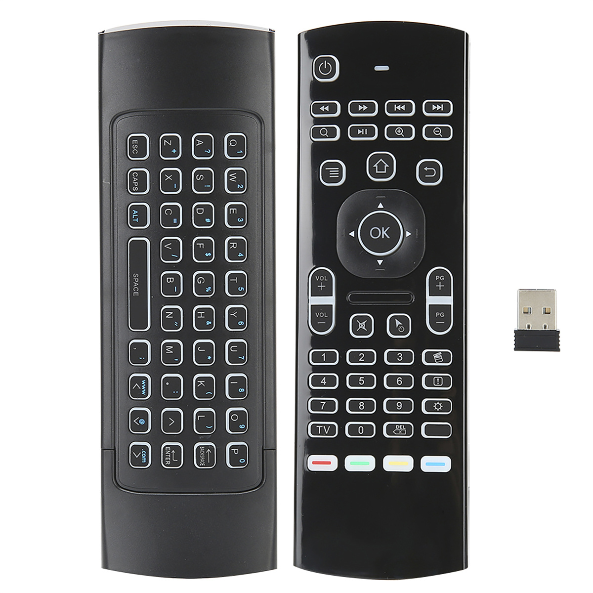Zwei schwarze Fernbedienungen mit Tastaturen und Knöpfen sowie ein USB-Empfänger.