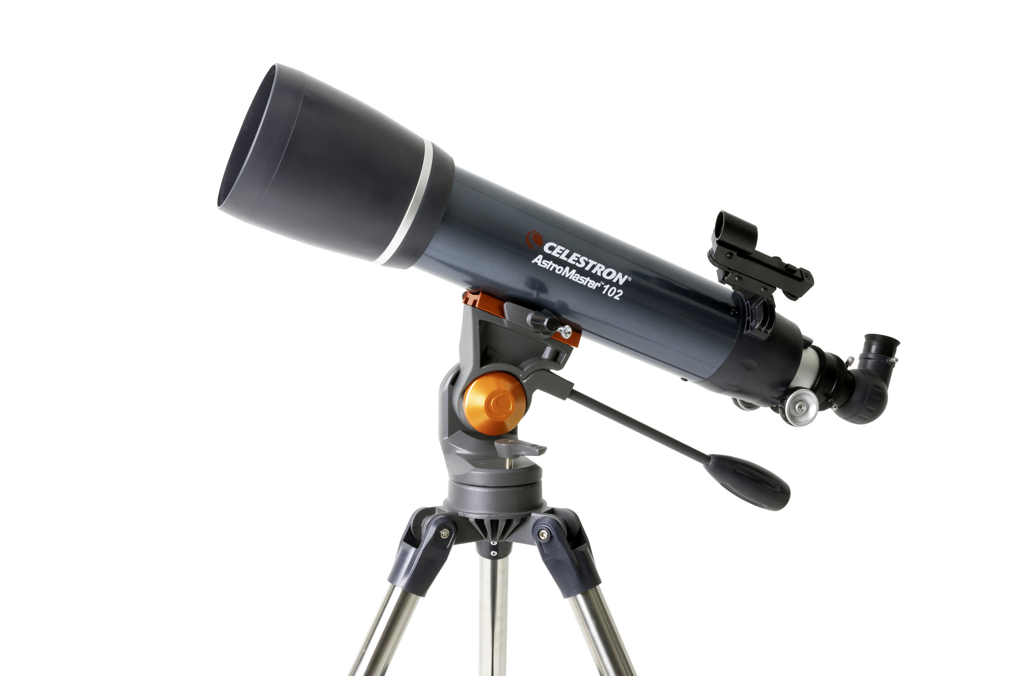 Teleskop auf einem Stativ. Das Teleskop ist dunkelgrau mit orangefarbenen Akzenten.