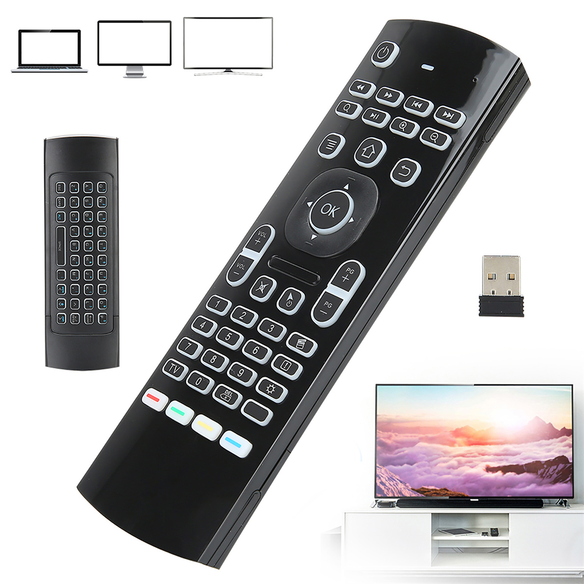 Eine schwarze Fernbedienung mit vielen Tasten. Ein Fernseher und ein Laptop werden gezeigt.