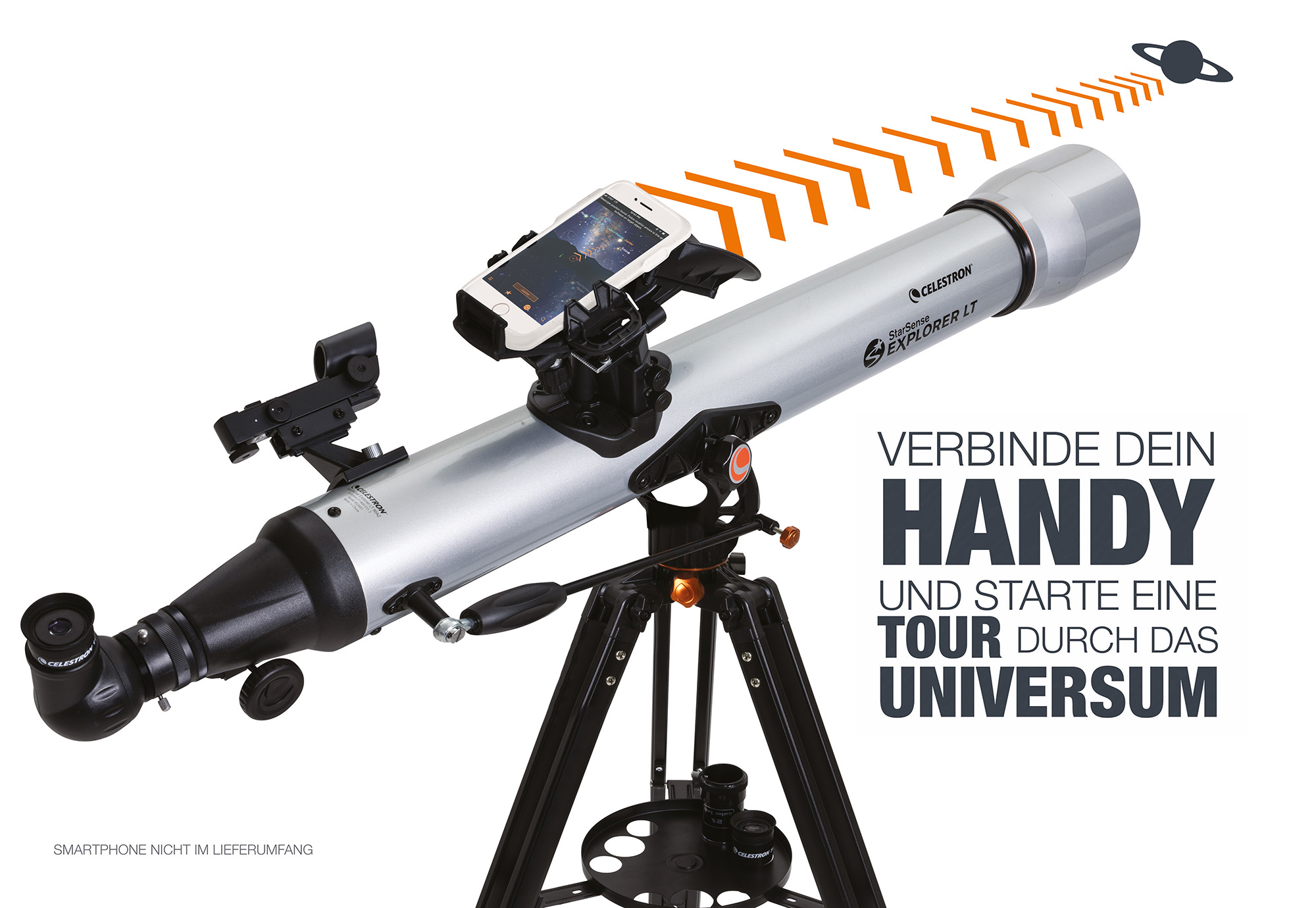 Ein Teleskop auf einem Stativ, mit einem Smartphone befestigt. Text: 'Verbinde dein Handy & starte eine Tour durch das Universum'.