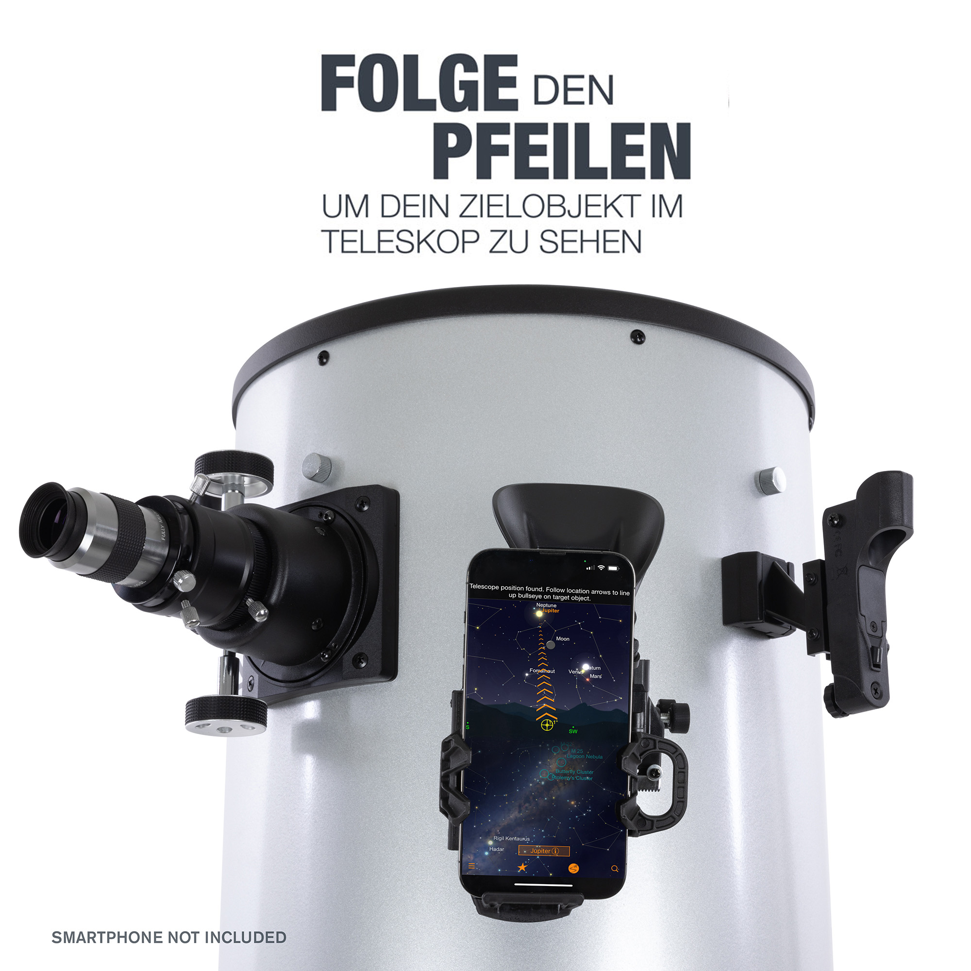 Teleskop mit Smartphone, Text: 'Folge den Pfeilen'.