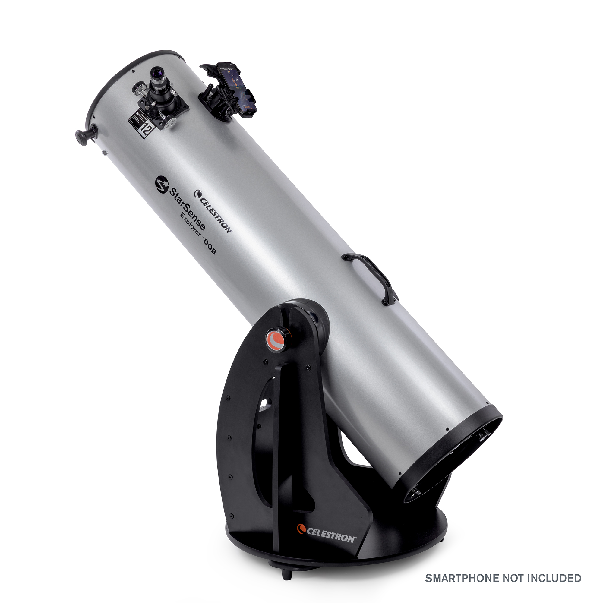 Ein silbernes Teleskop auf einem schwarzen Ständer, mit Smartphone-Halterung und Celestron-Logo.