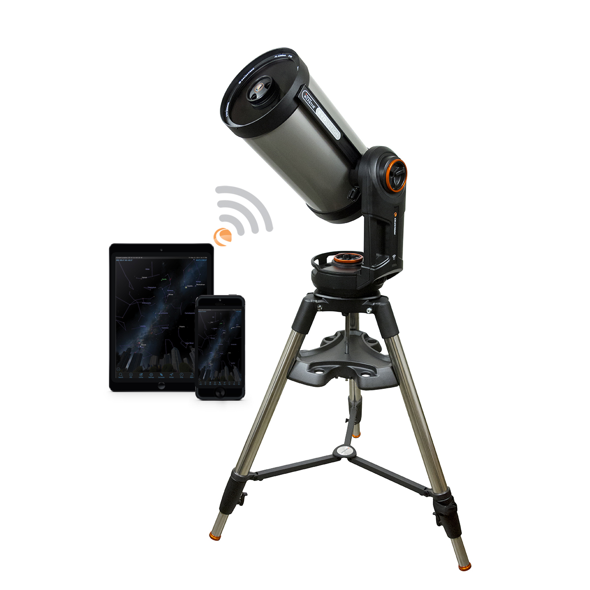 Ein Teleskop mit Tablet und Telefon mit WLAN-Signal-Symbol.