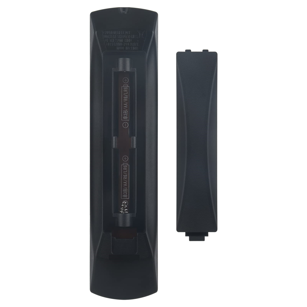 Fernbedienung mit Batterien und Abdeckung. Schwarz. Batterien sind im Inneren der Fernbedienung sichtbar.