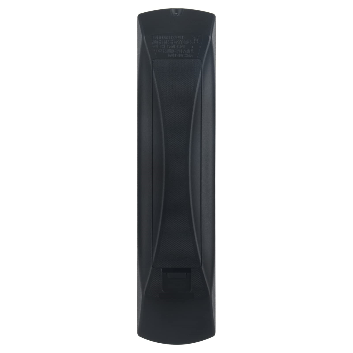 Eine schwarze Fernbedienung mit Tasten und einem Batteriefach auf der Rückseite.