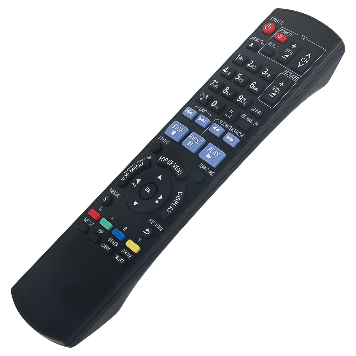 Schwarze TV-Fernbedienung mit vielen Tasten. Nahaufnahme. Weißer Hintergrund.