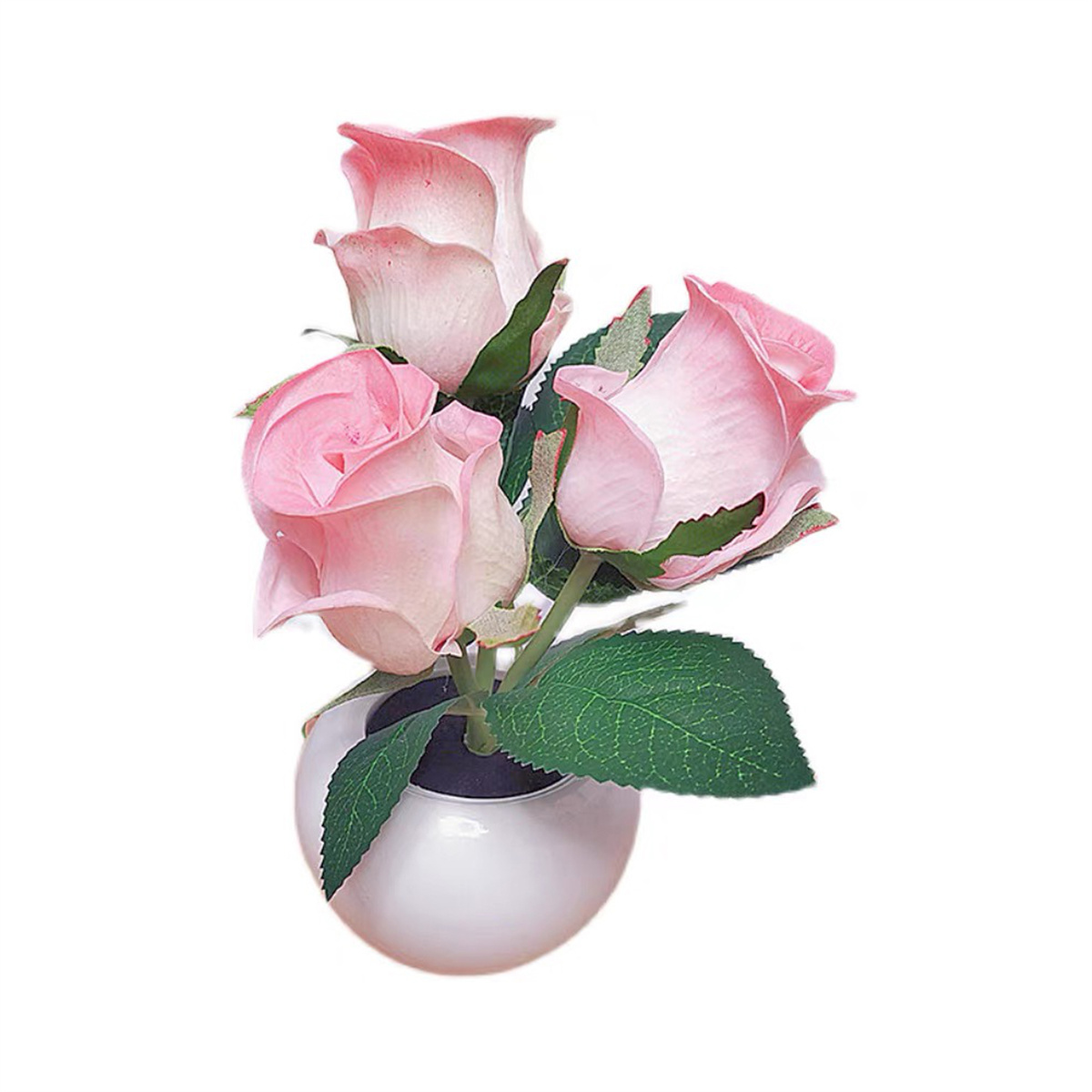 Drei rosa Rosen in einer weißen Vase.