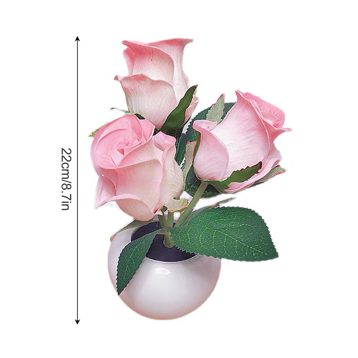 Anordnung von rosa Rosen in einer weißen Vase. Messpfeil zeigt Höhe von 22 cm/8,7 Zoll an.