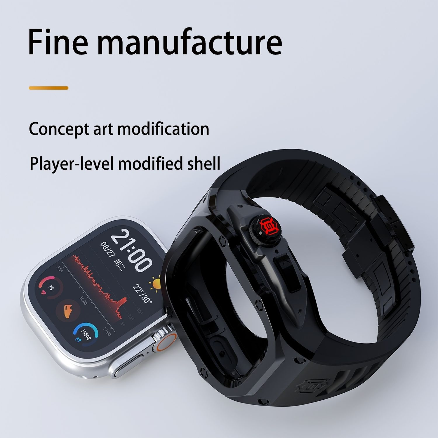 Schwarze Smartwatch mit schwarzem Schutzgehäuse, Bildschirm zeigt Zeit und Statistiken. Weißer Hintergrund.