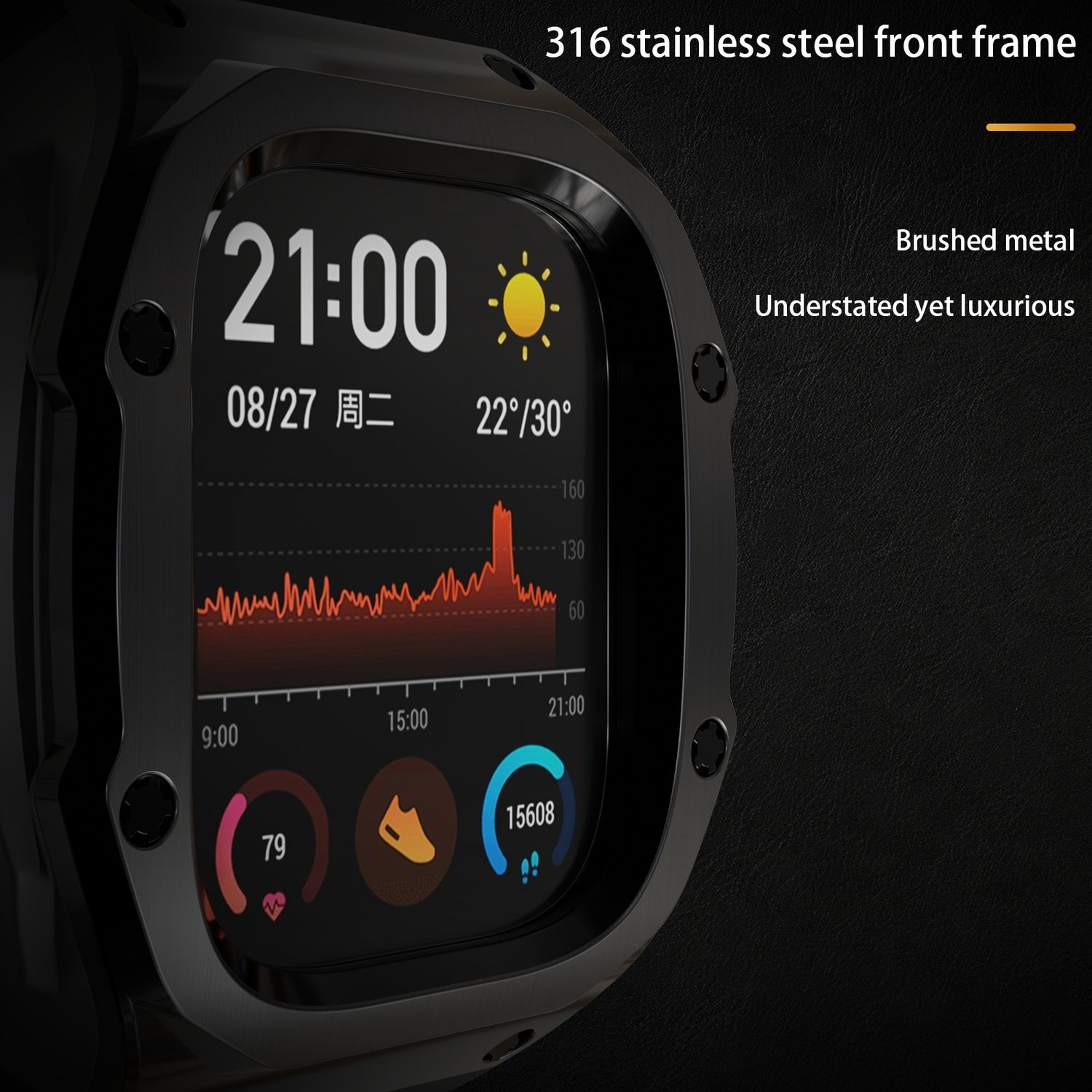 Smartwatch-Bildschirm mit Zeit, Wetter, Aktivitätsdaten und Herzfrequenzgrafik. Schwarzer Rahmen.