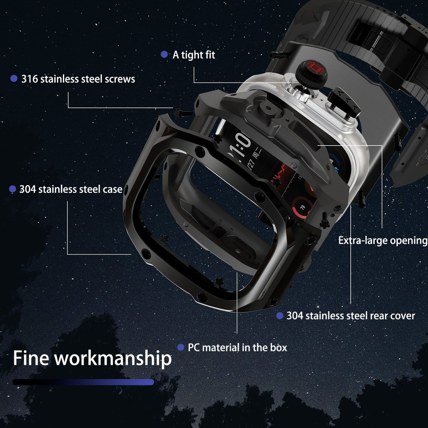 Smartwatch-Gehäuse mit beschrifteten Komponenten, das Design und die Funktionen vor sternenklarem Hintergrund zeigt.