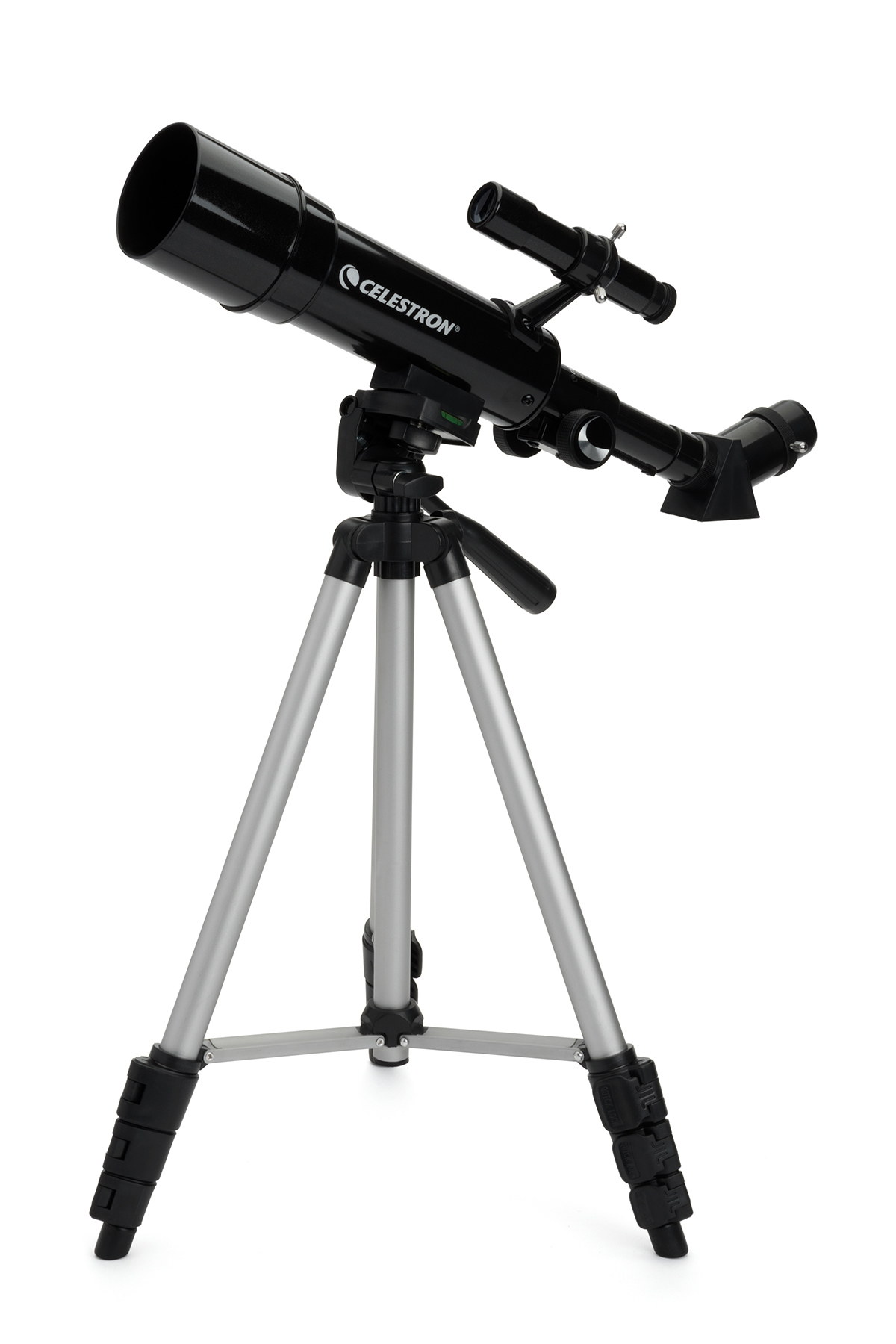 Schwarzes Teleskop auf einem Stativ. Es hat ein kleines Fernrohr an der Seite.