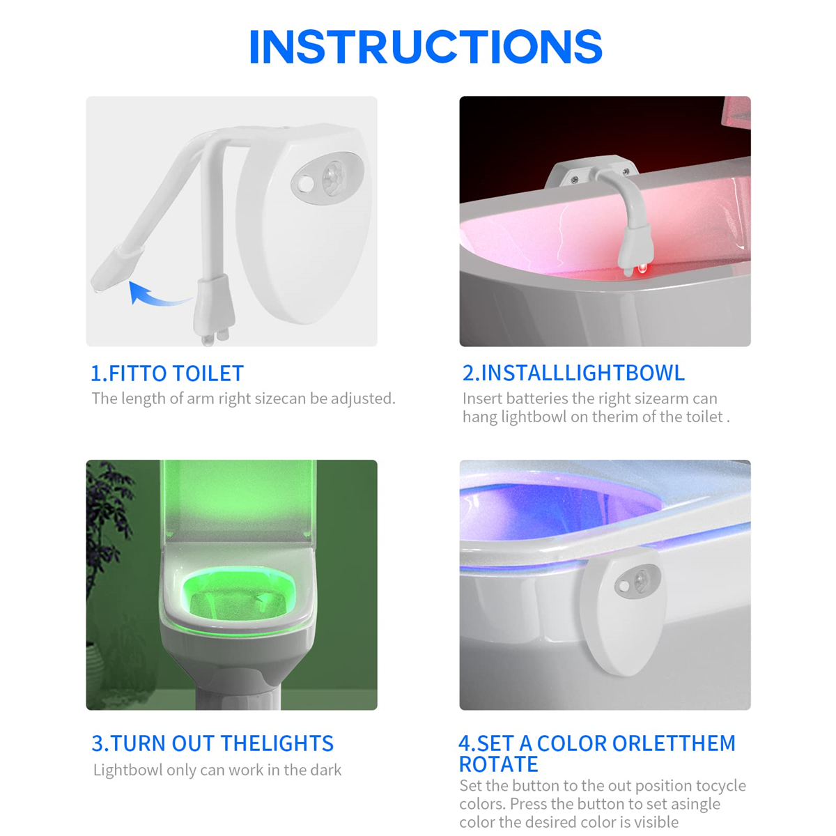 Anweisungen für ein Toilettenschüssel-Nachtlicht. Bilder zeigen Installationsschritte und Lichtfarben.