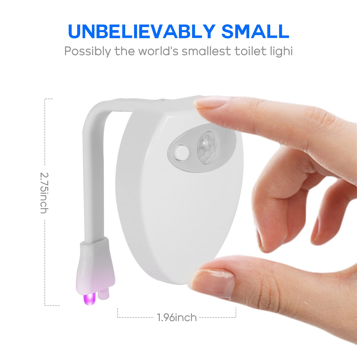 Toilettenlicht in Weiß mit gebogenem Arm. Eine Hand hält das Ende mit rosa Licht.