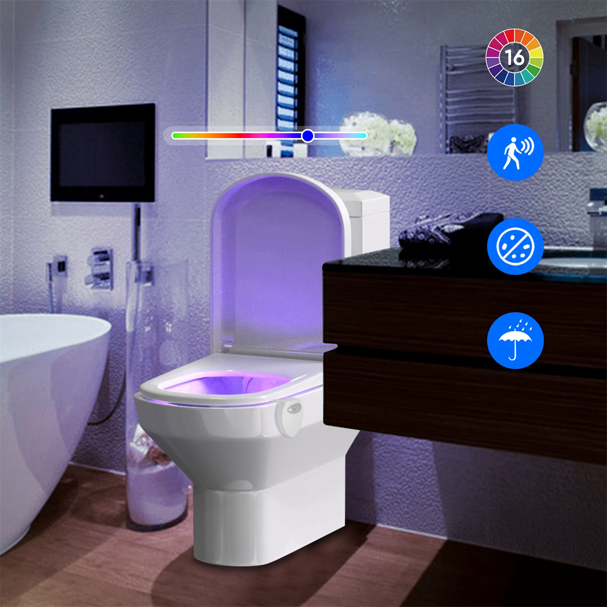 Eine weiße intelligente Toilette mit lila Umgebungslicht, Symbole für Funktionen sind sichtbar.