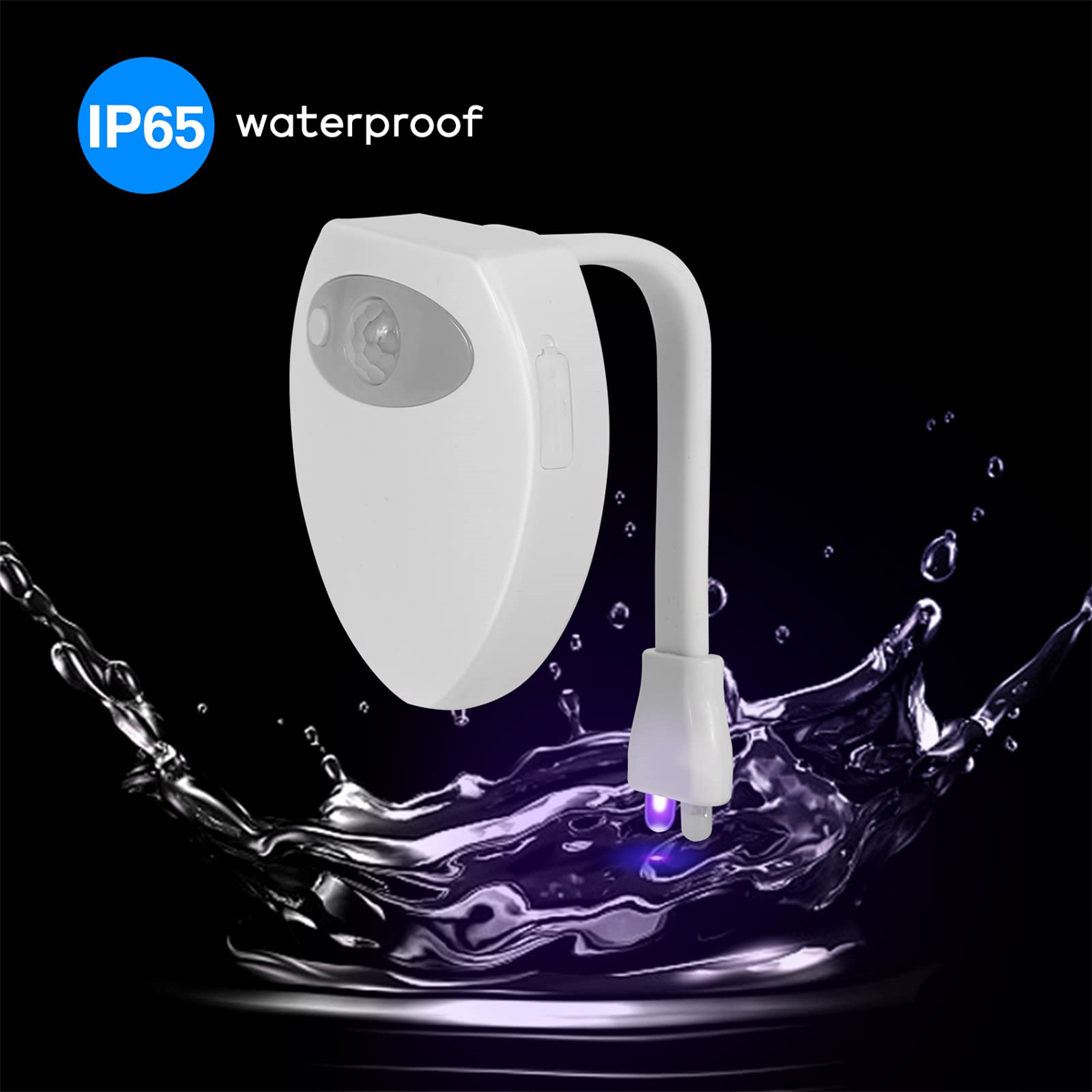 Toiletten-Nachtlicht, IP65 wasserdicht, mit lila Leuchten auf schwarzem Hintergrund.