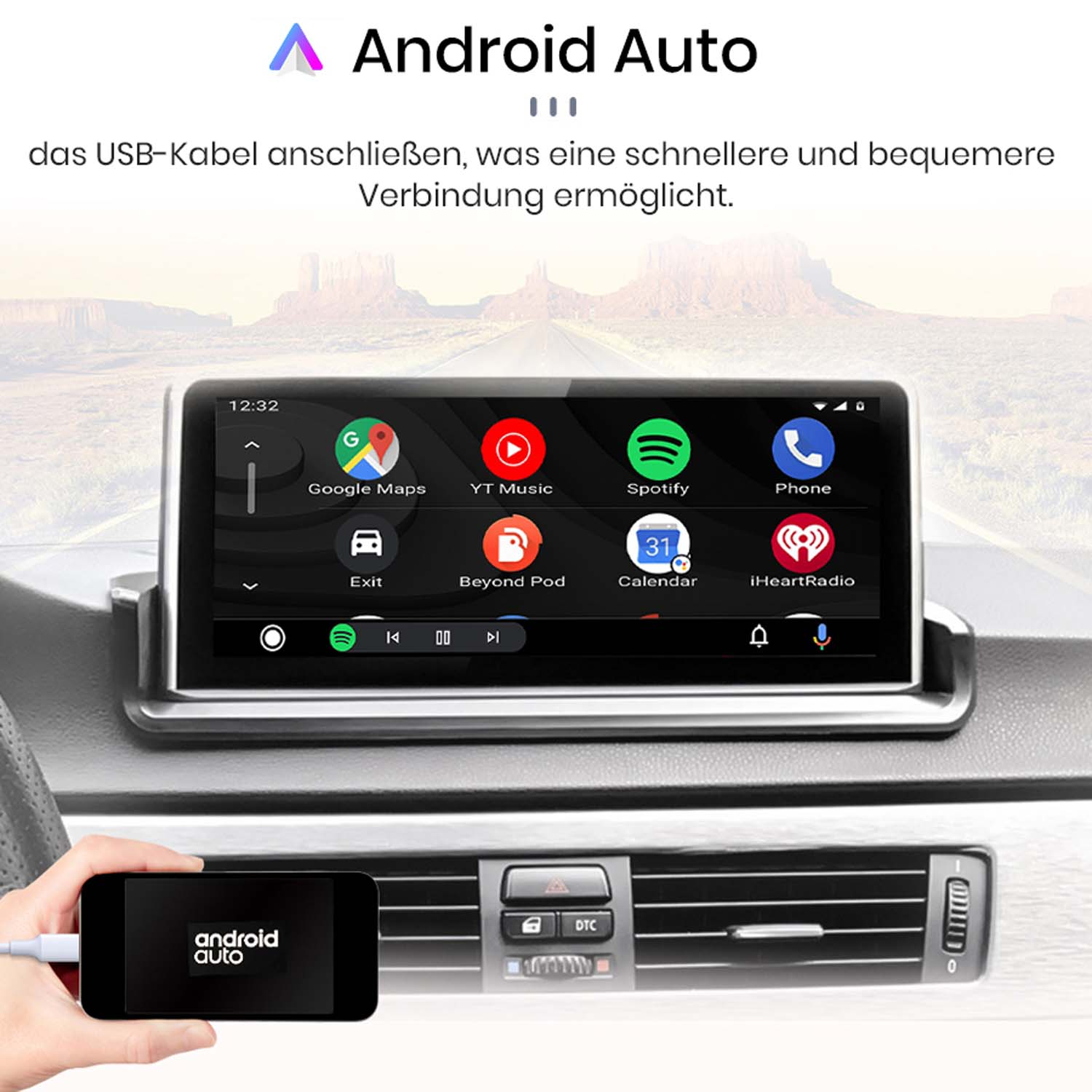 Auto-Armaturenbrett mit Android Auto-Anzeige. Ein Telefon ist über USB verbunden.