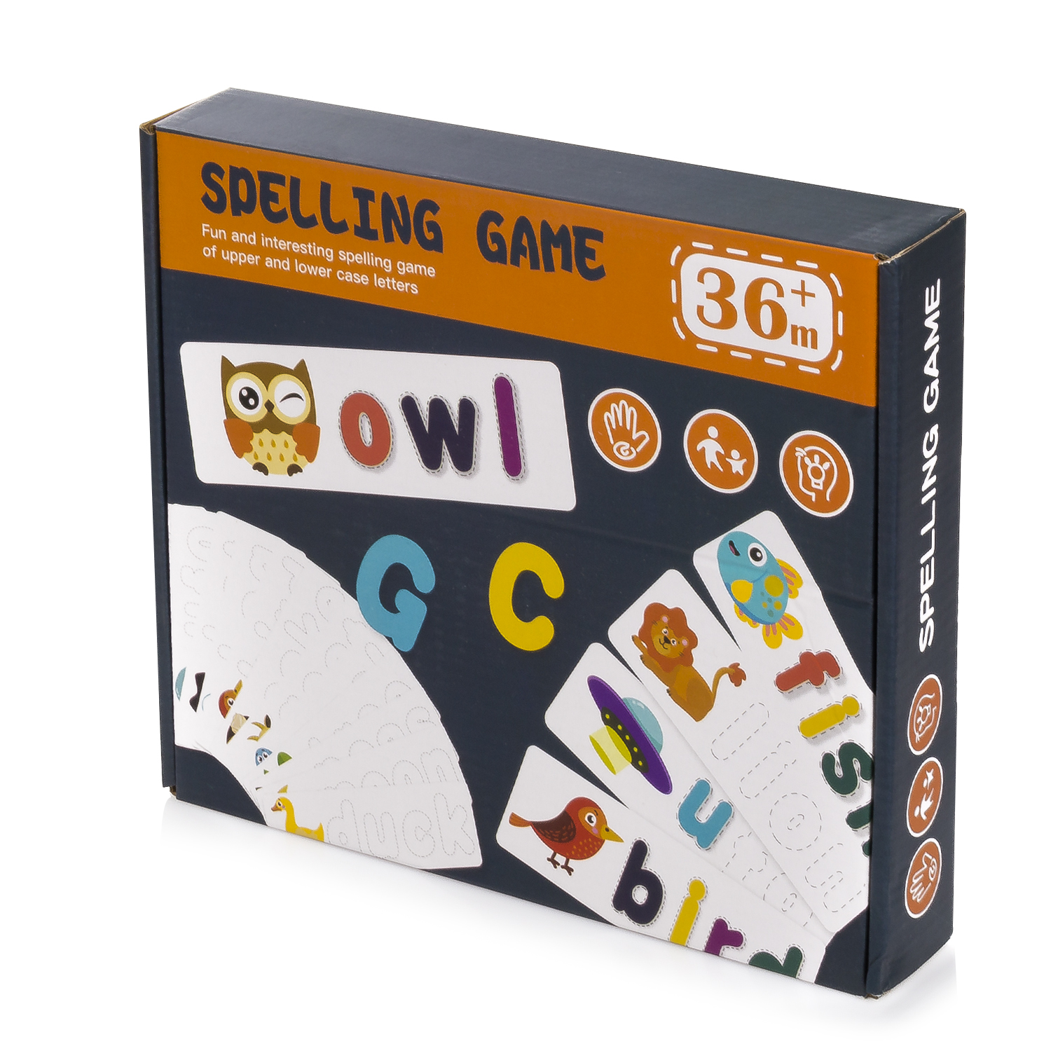 Scatola del gioco di ortografia. La scatola ha un'immagine di gufo e carte con lettere e animali.