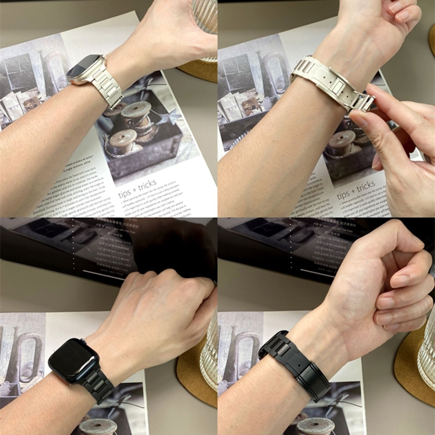Vier Bilder einer Person, die eine Uhr mit Metallband am Handgelenk trägt.