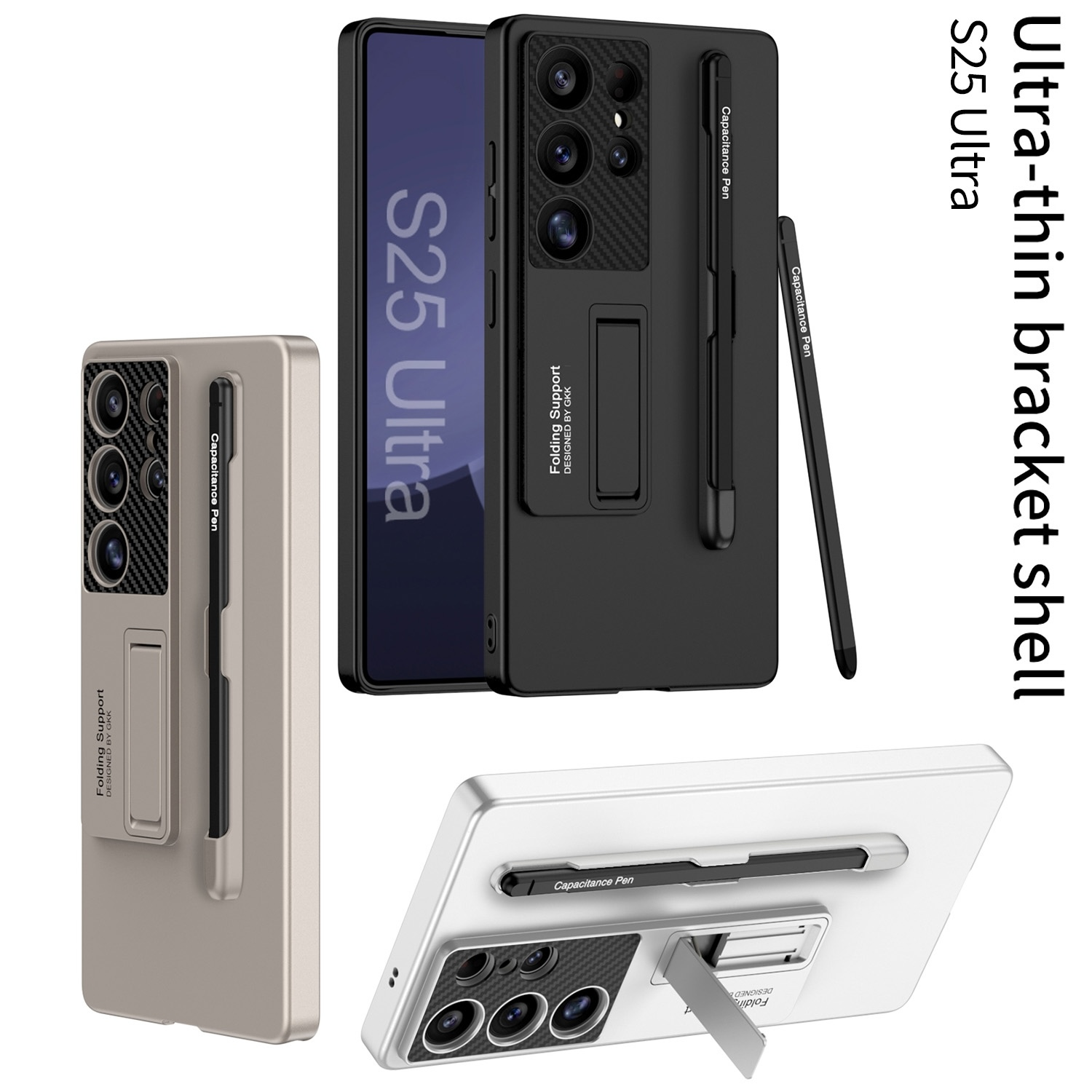 Fundas de teléfono en diferentes posiciones. El texto indica carcasa de soporte ultradelgada.