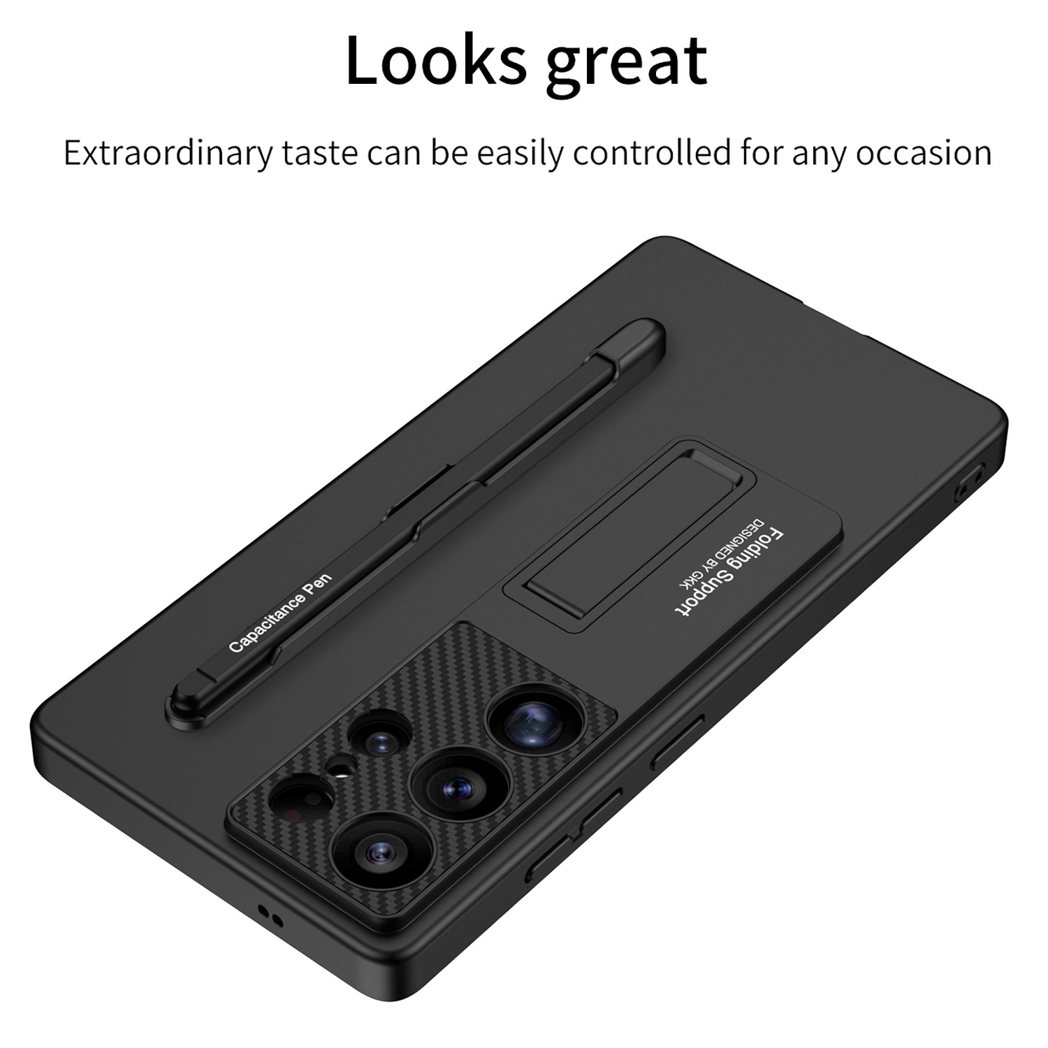 Una funda de teléfono negra con un bolígrafo y un soporte. Se ve genial.