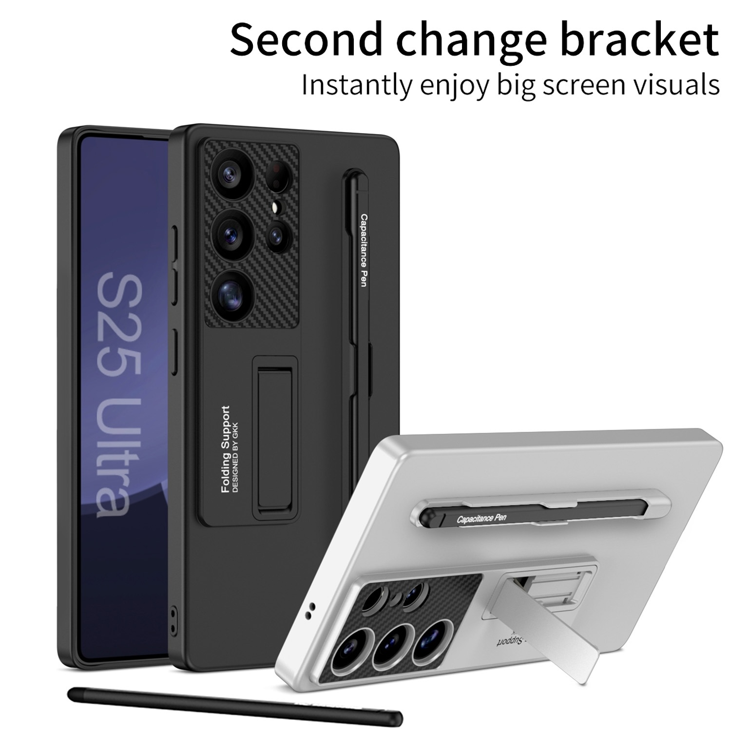 Una funda de teléfono con un teléfono. Se incluyen soporte y lápiz óptico, y el teléfono es un S23 Ultra.