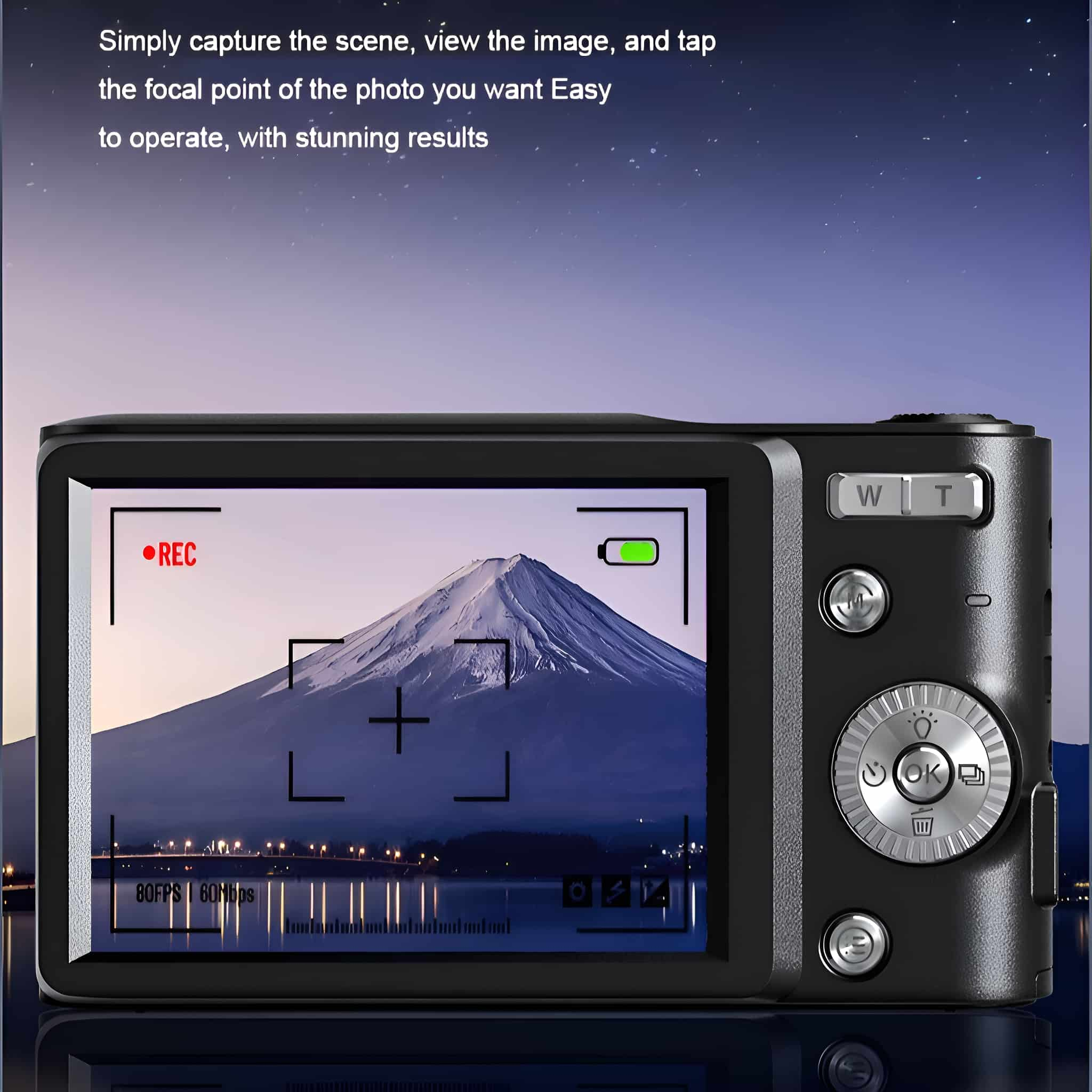 Schwarze Digitalkamera mit Bildschirm, der eine Berglandschaft zeigt. Text oben auf dem Bildschirm lautet: einfach erfassen.