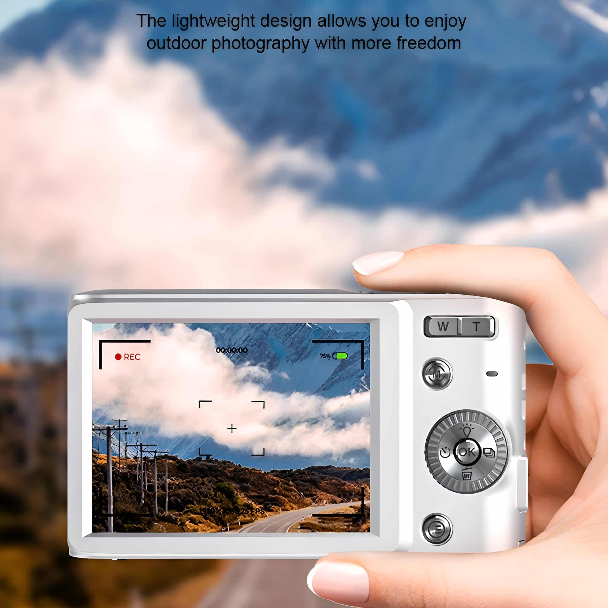 Weiße Kamera, Landschaft auf dem Bildschirm, in einer Hand gehalten, Text über Fotografie.
