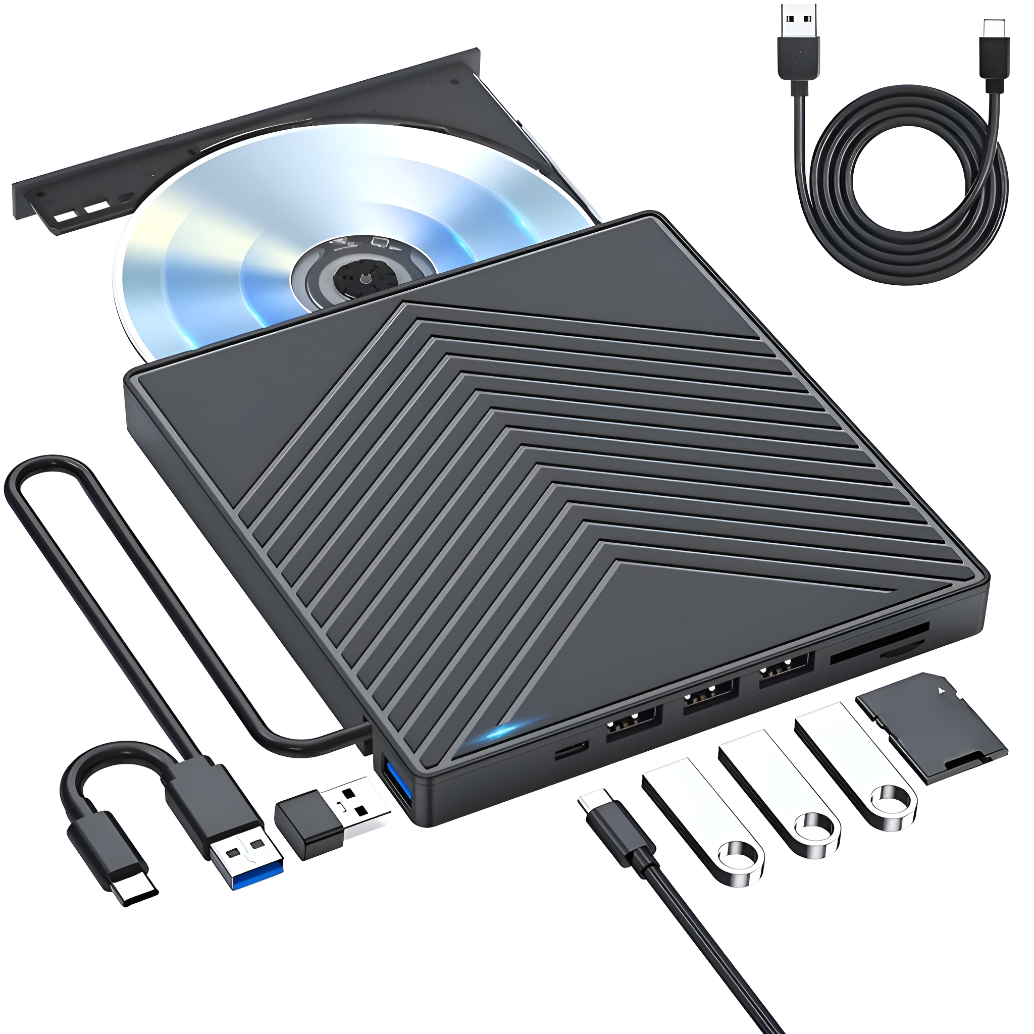 Ein schwarzes CD/DVD-Laufwerk mit USB- und anderen Anschlüssen. Enthält eine CD und verschiedene USB-Geräte.