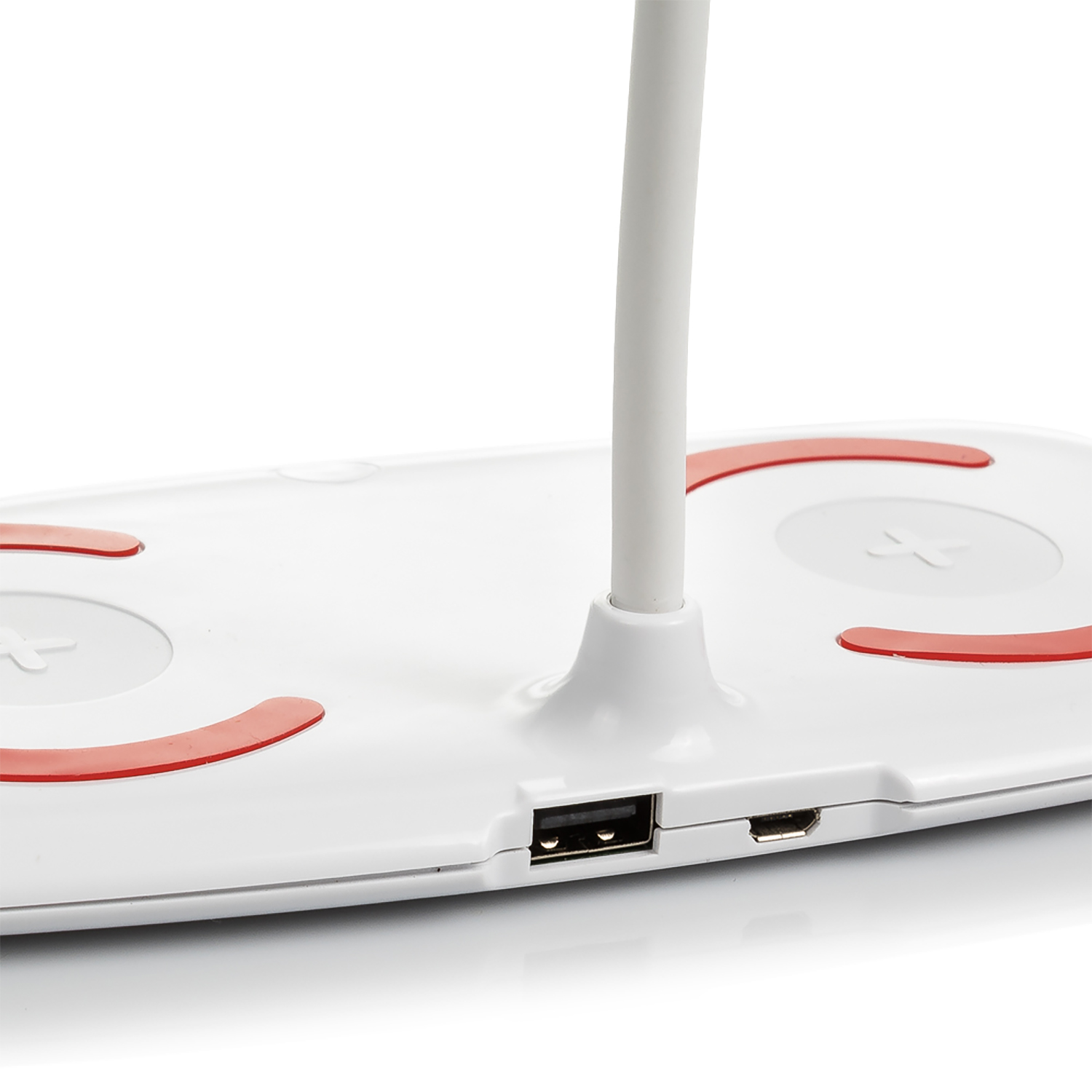 Base lampada bianca con porta USB, porta di ricarica, dettagli rossi e collo sottile.
