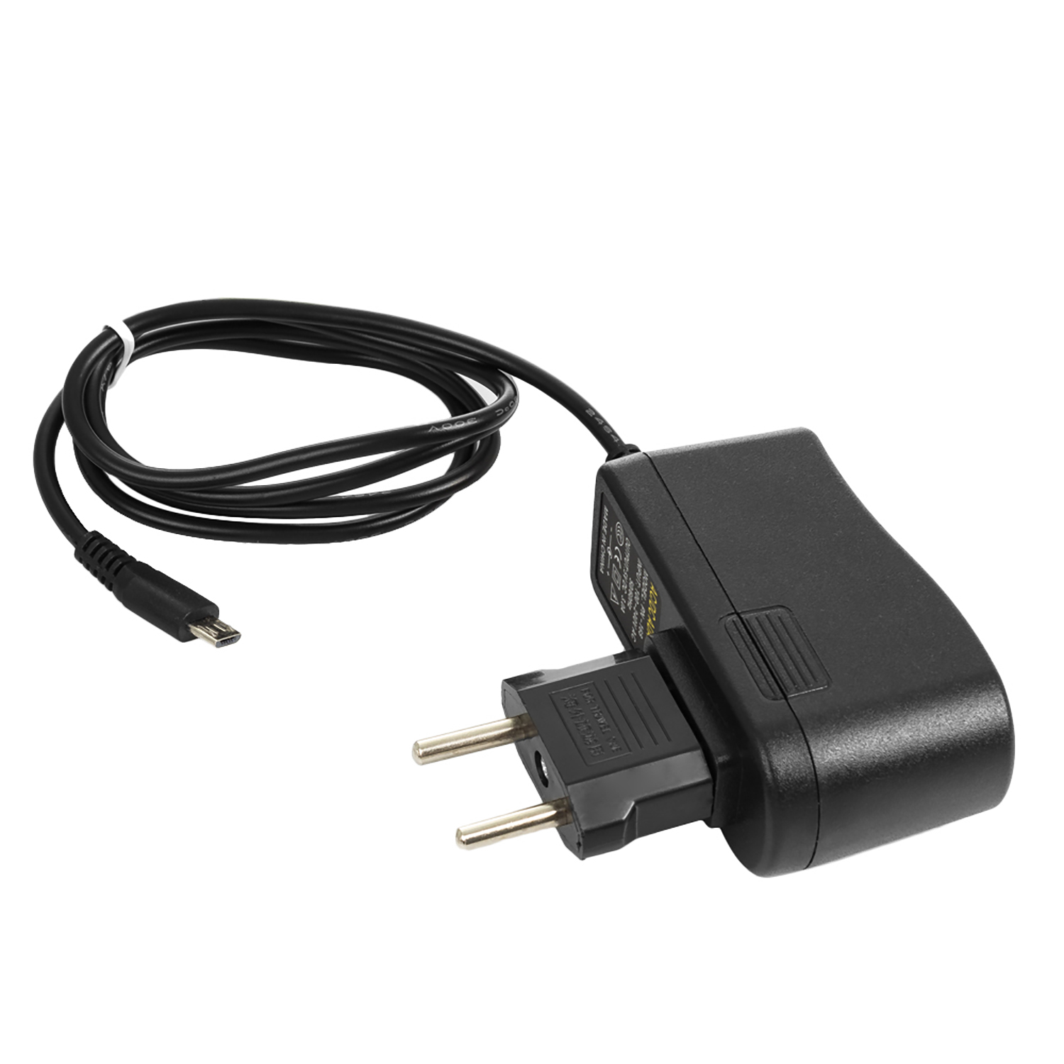 Adattatore di alimentazione nero con cavo e spina. La spina ha due pin per prese elettriche.