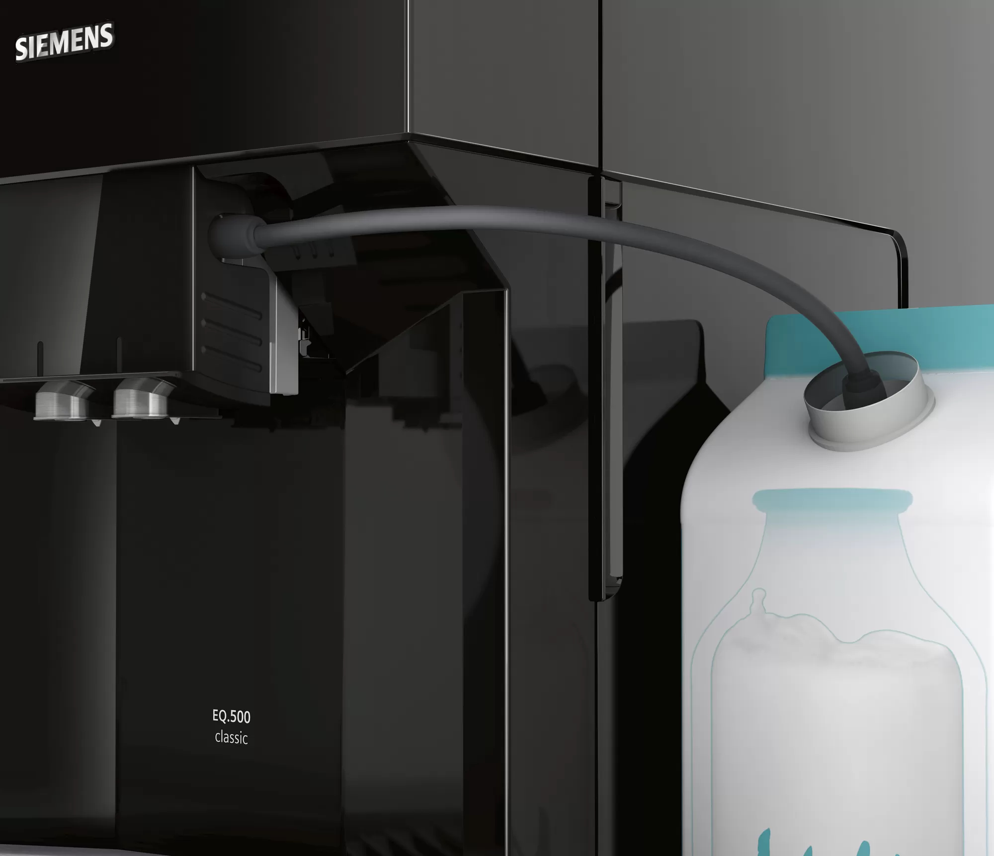 Une machine à café noire avec un récipient à lait et un tuyau.