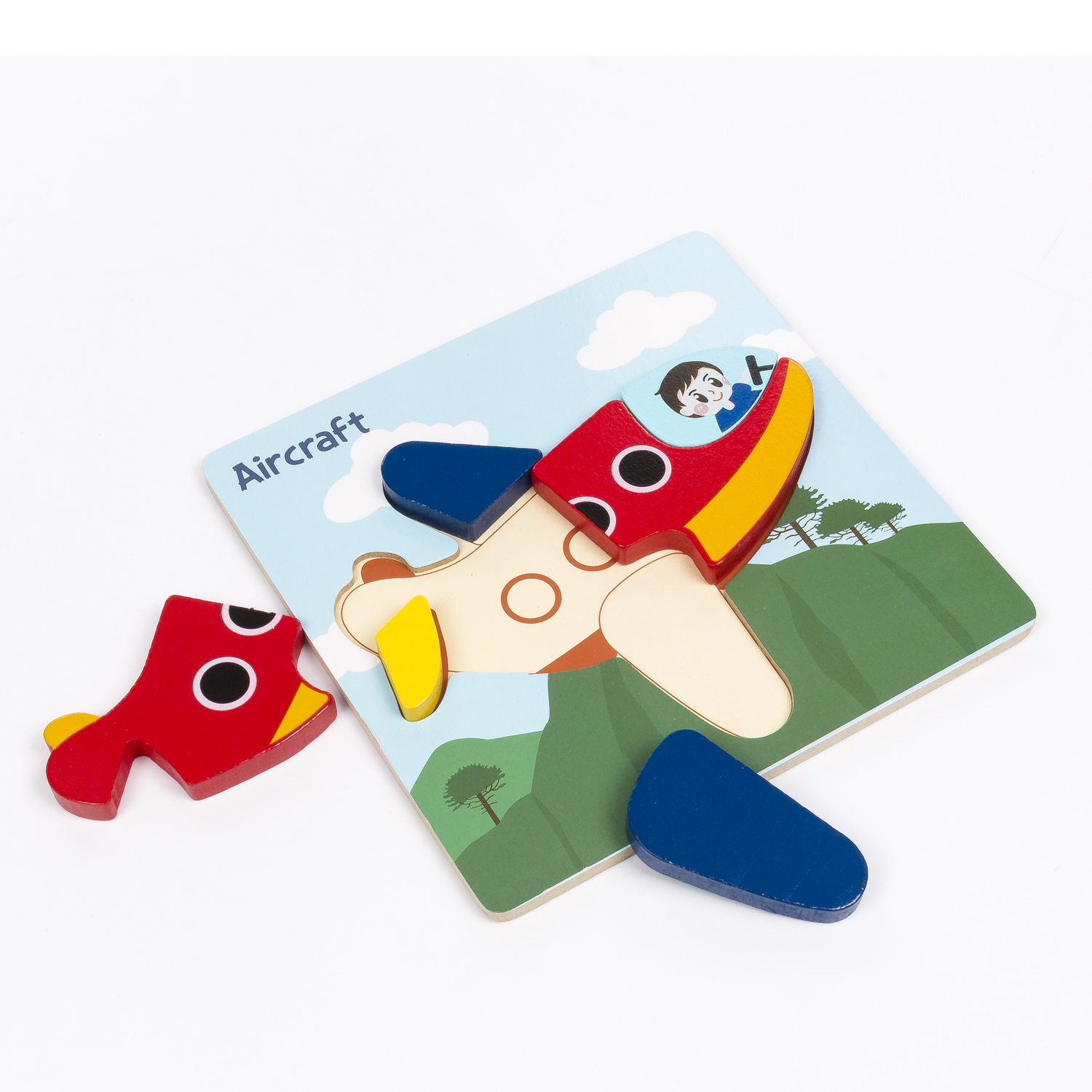 Holzpuzzle eines Flugzeugs. Teile des Flugzeugs sind auf der Tafel getrennt.