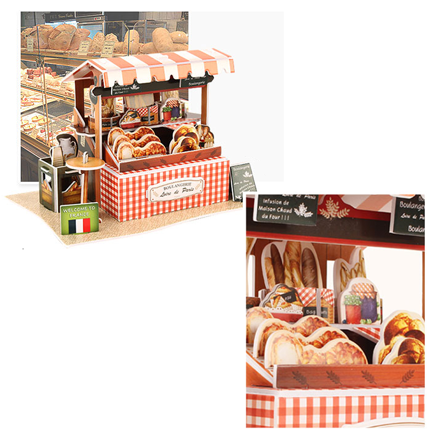 Bancarella di panetteria francese in miniatura con tenda a scacchi rossi, pane e pasticcini esposti.