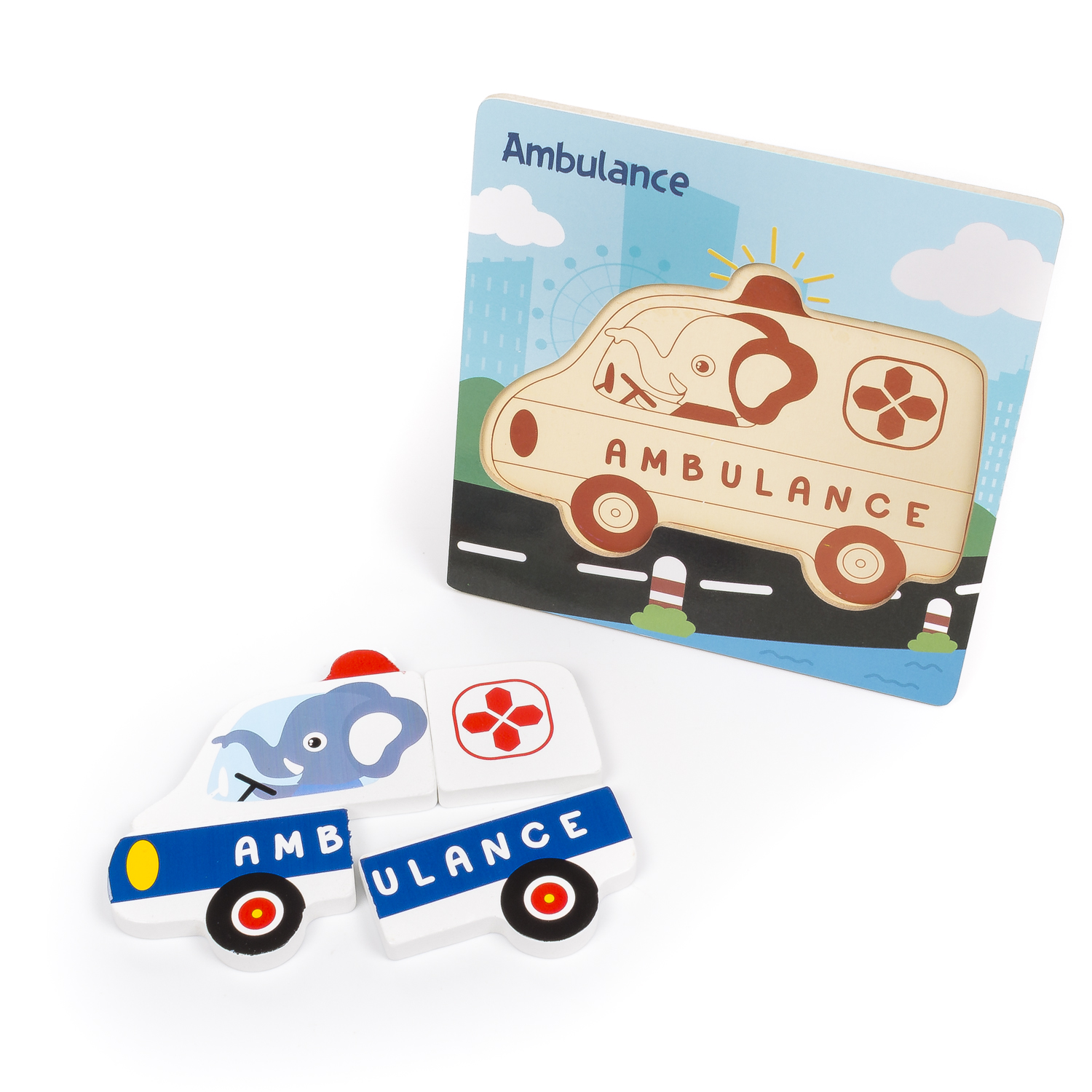 Un puzzle di ambulanza, con i suoi pezzi accanto all'immagine su una superficie bianca.