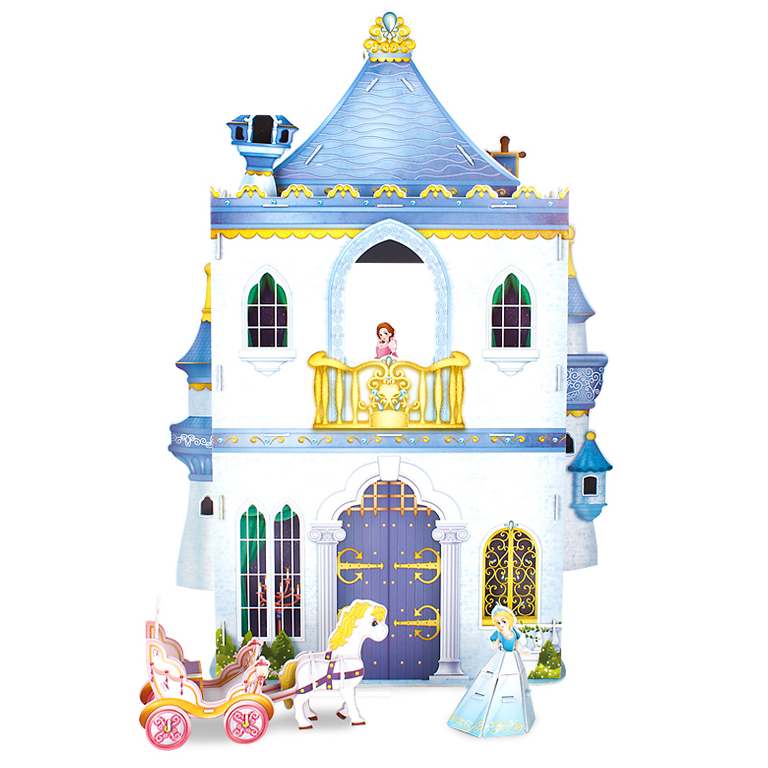 Un modello 3D di un castello con una principessa e una carrozza.