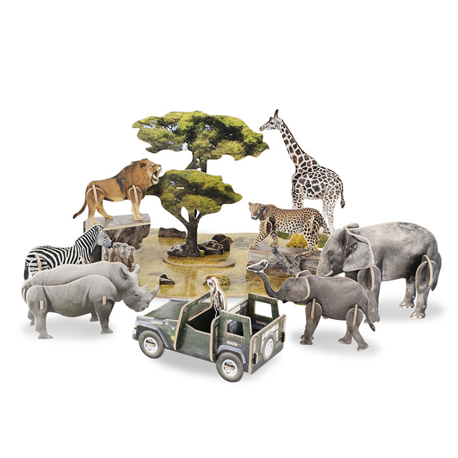 Una scena safari con varie figure di animali in legno e una jeep.