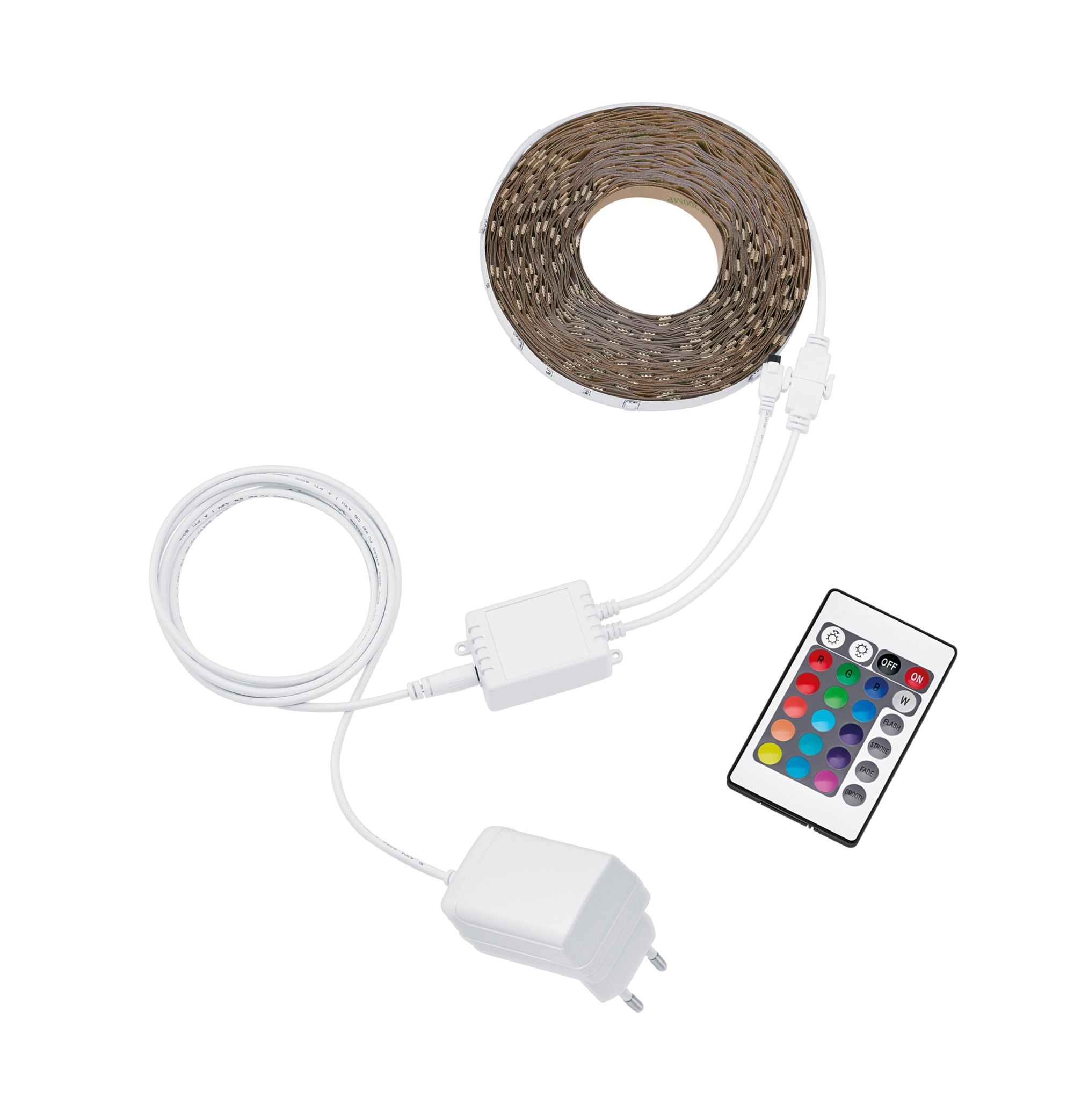 Weißes Lichtband-Kit mit LED-Rolle, Steuerbox, Netzteil und Fernbedienung.