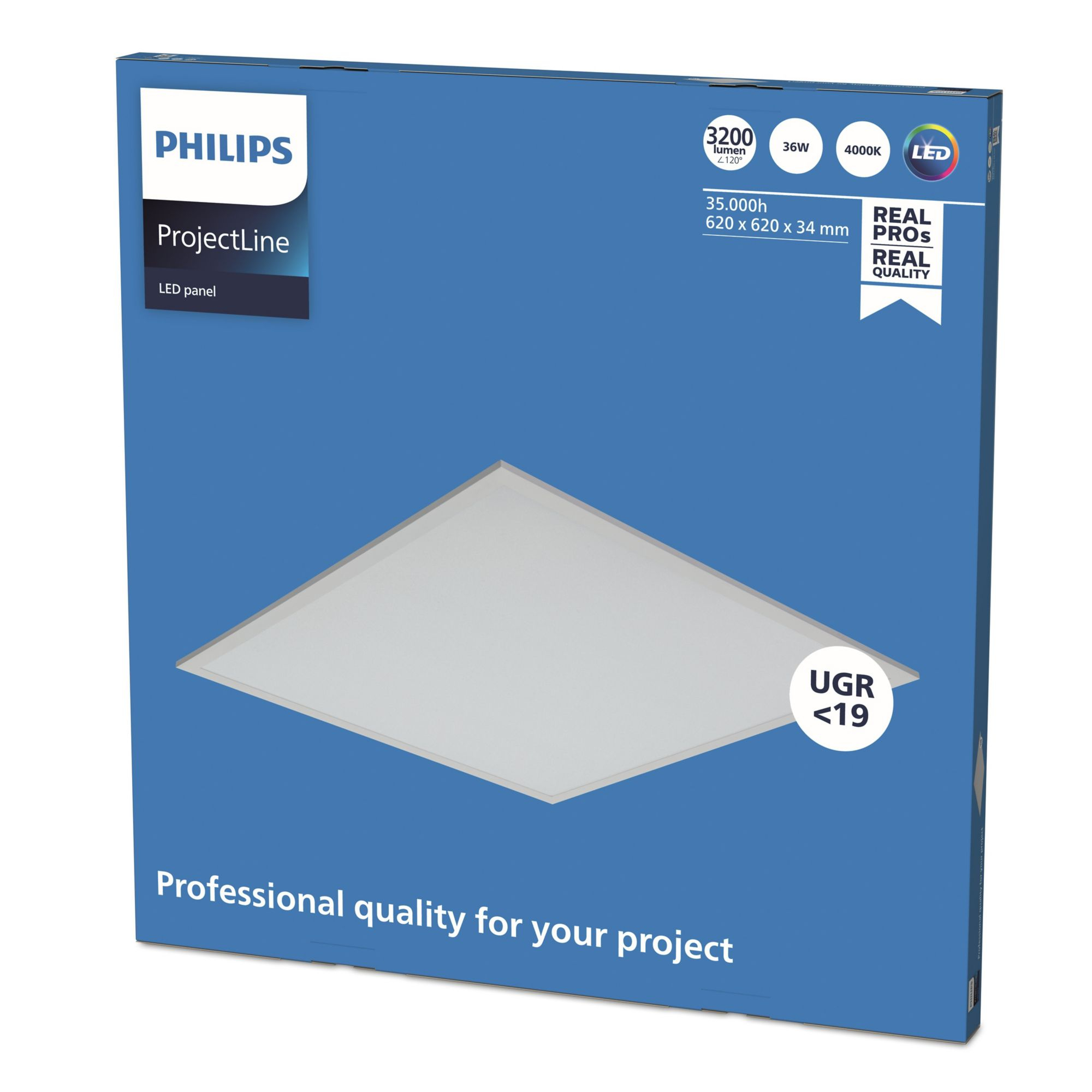 Blaue Box mit Philips LED-Panel, Spezifikationen und Details.