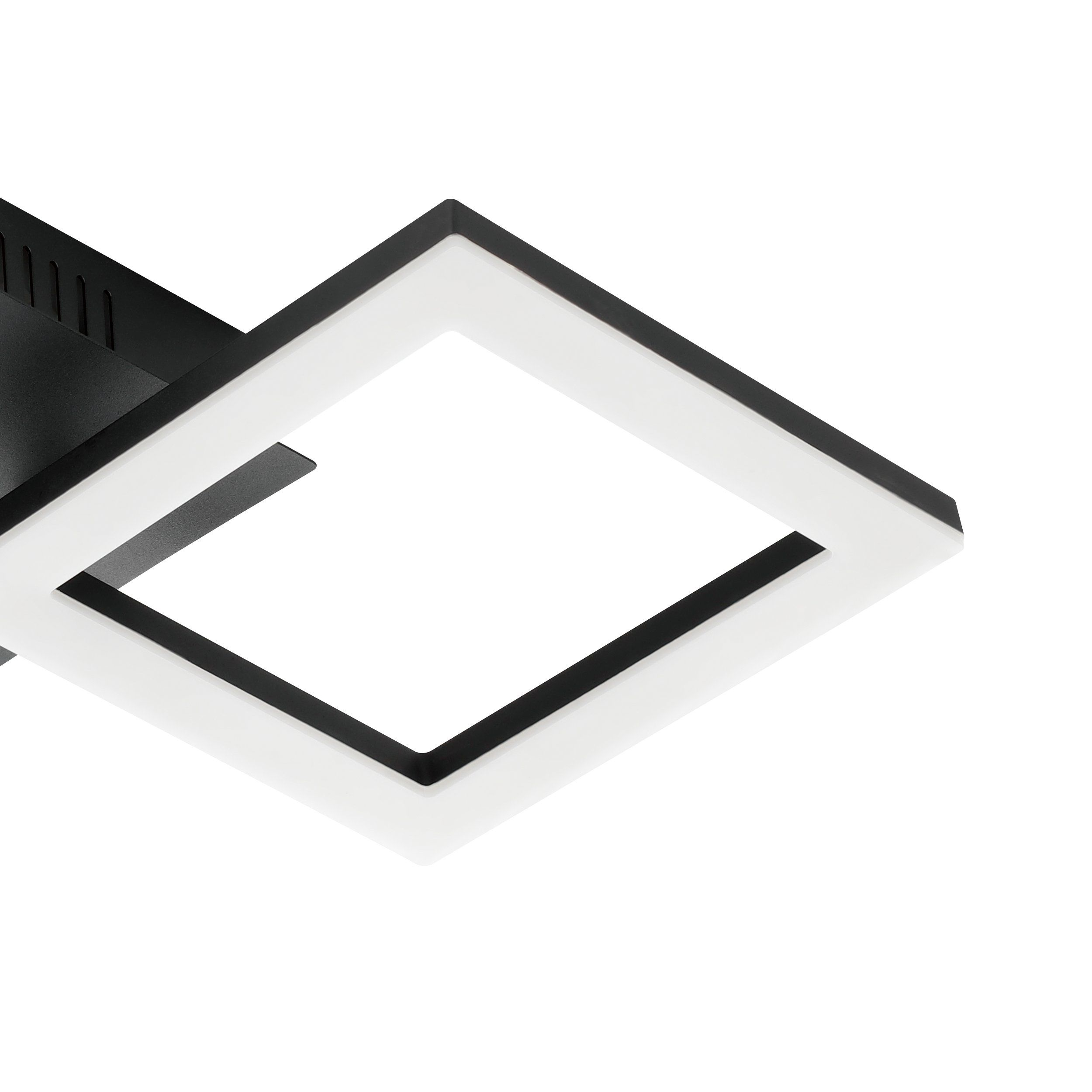 Una plafoniera quadrata bianca e nera, design moderno, sfondo bianco.