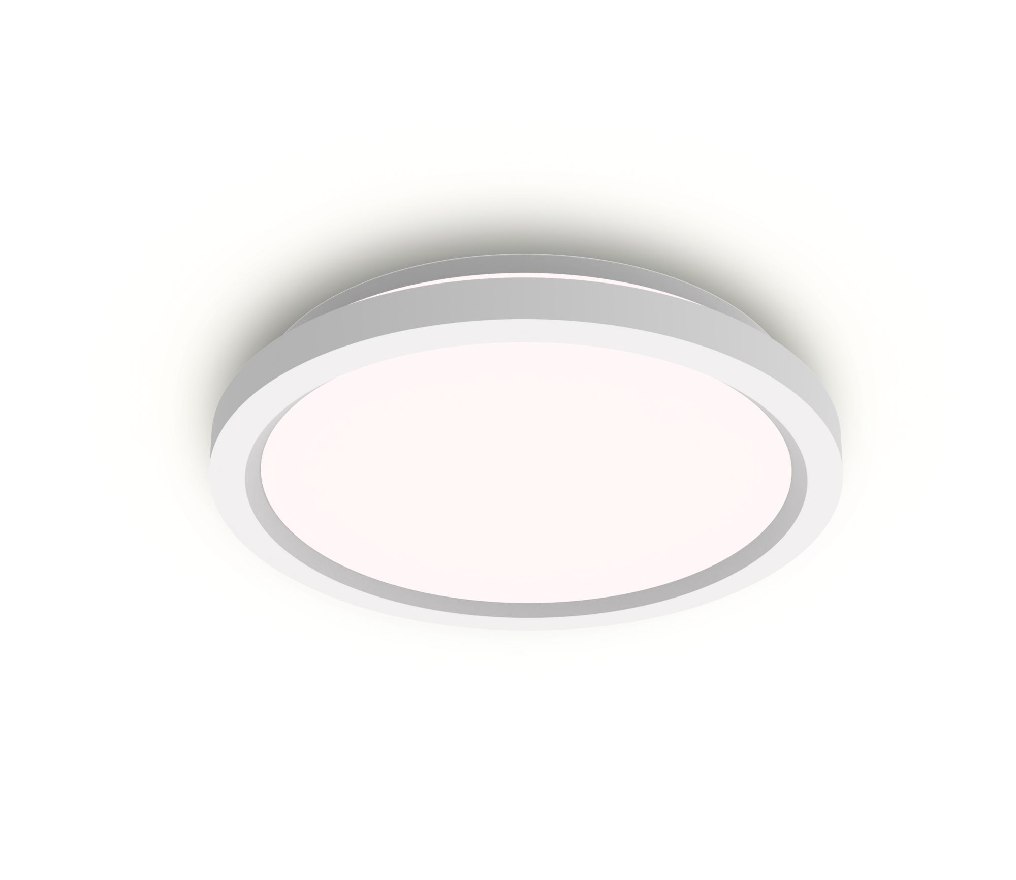 Biała, okrągła lampa sufitowa na białym tle, płaska i prosta.