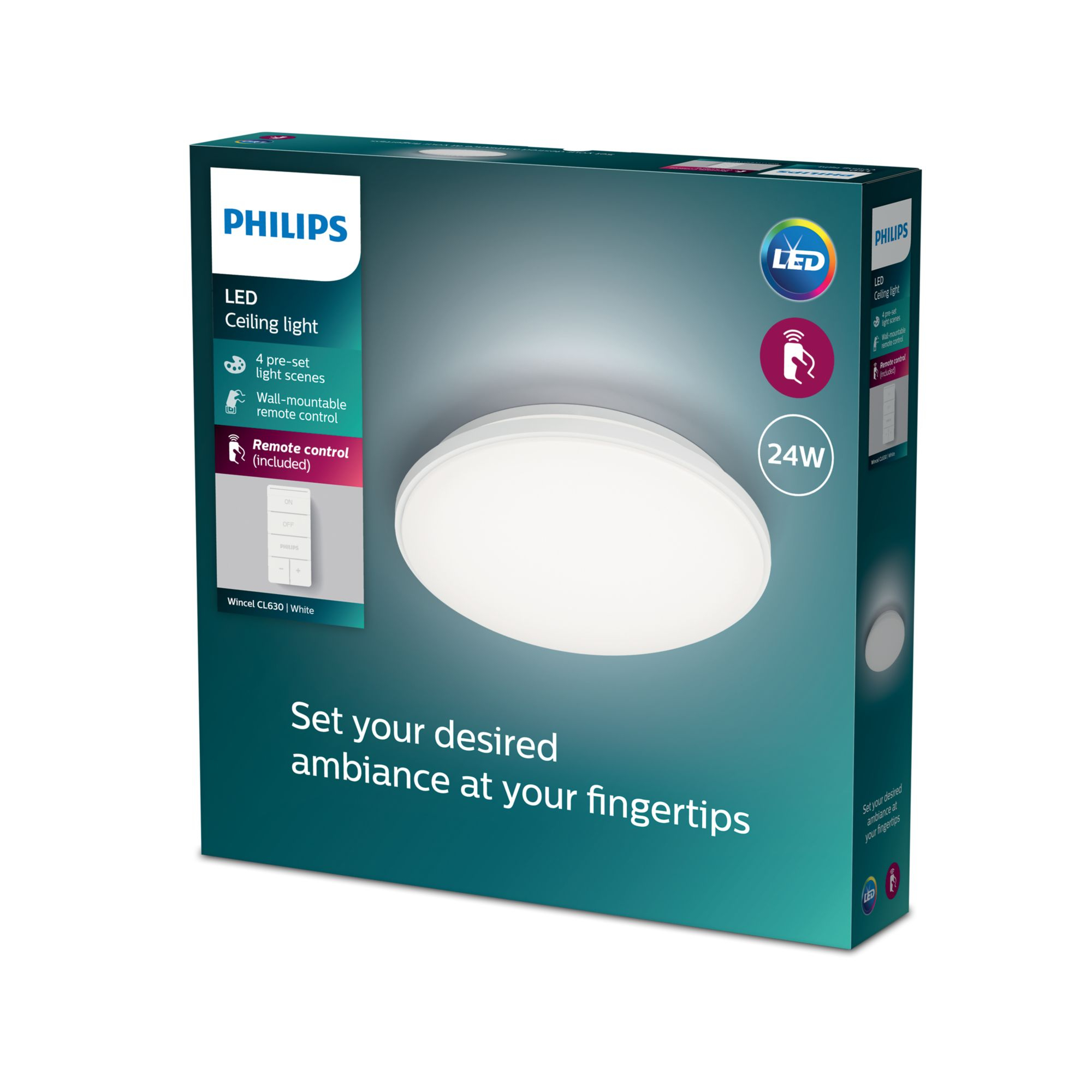 Plafoniera in scatola con telecomando, bianca. Include una luce LED da 24W.